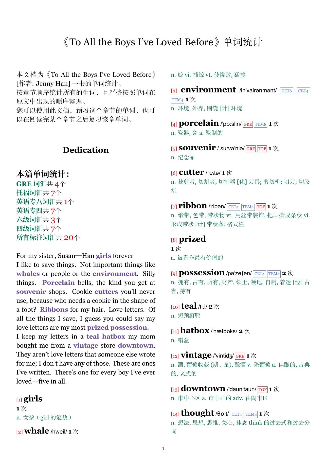 To All the Boys I've Loved Before章节单词统计