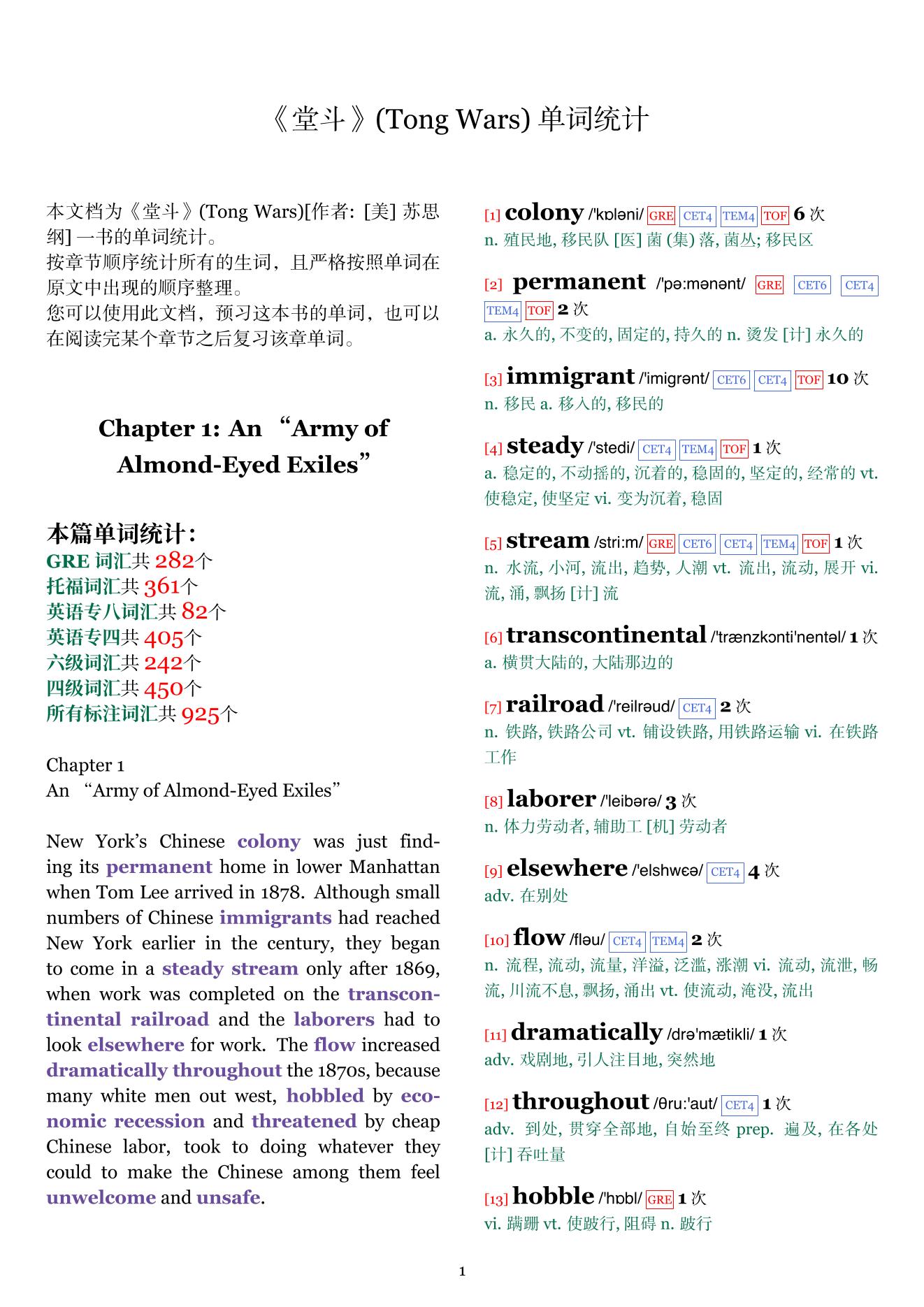 Tong Wars章节单词统计