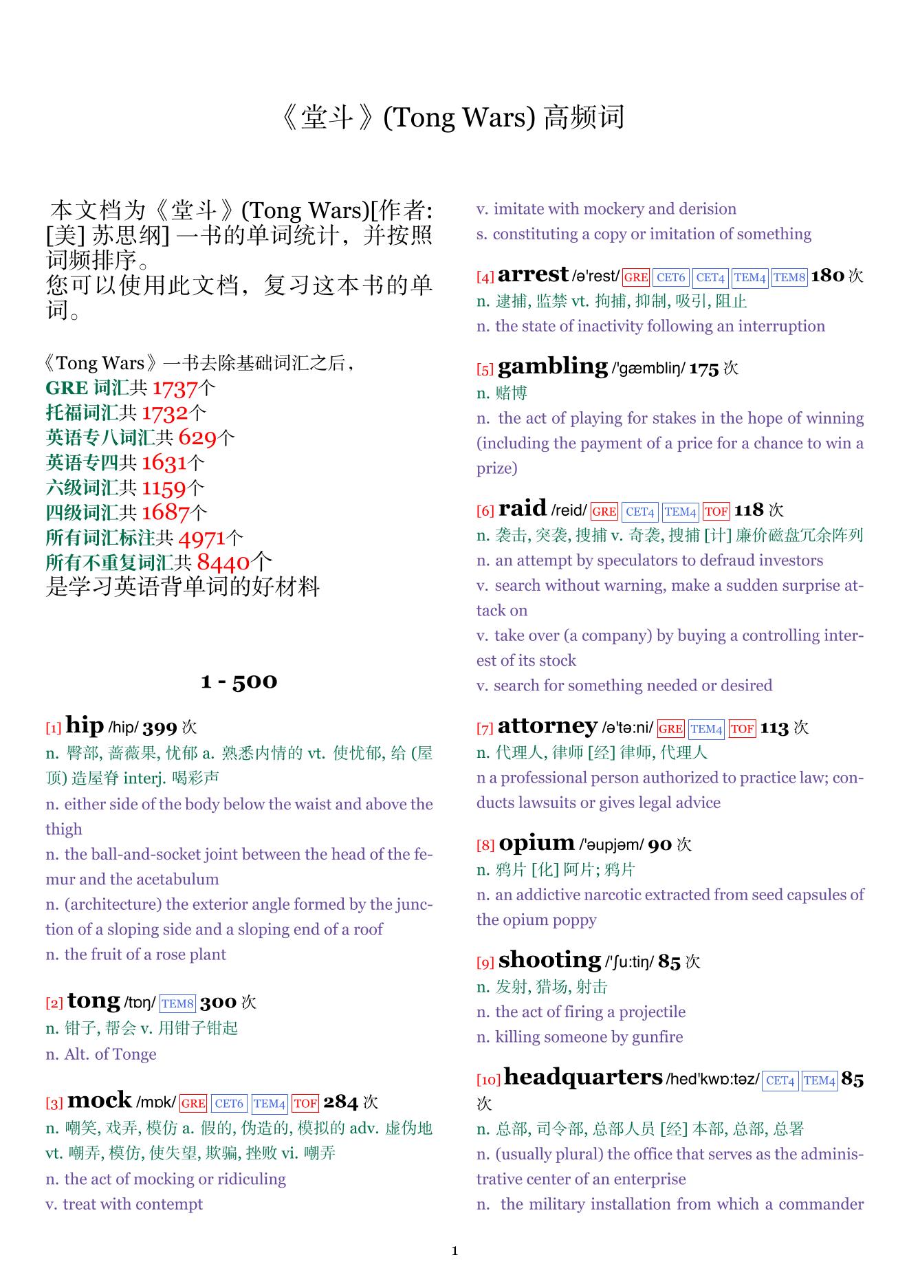 Tong Wars词频统计