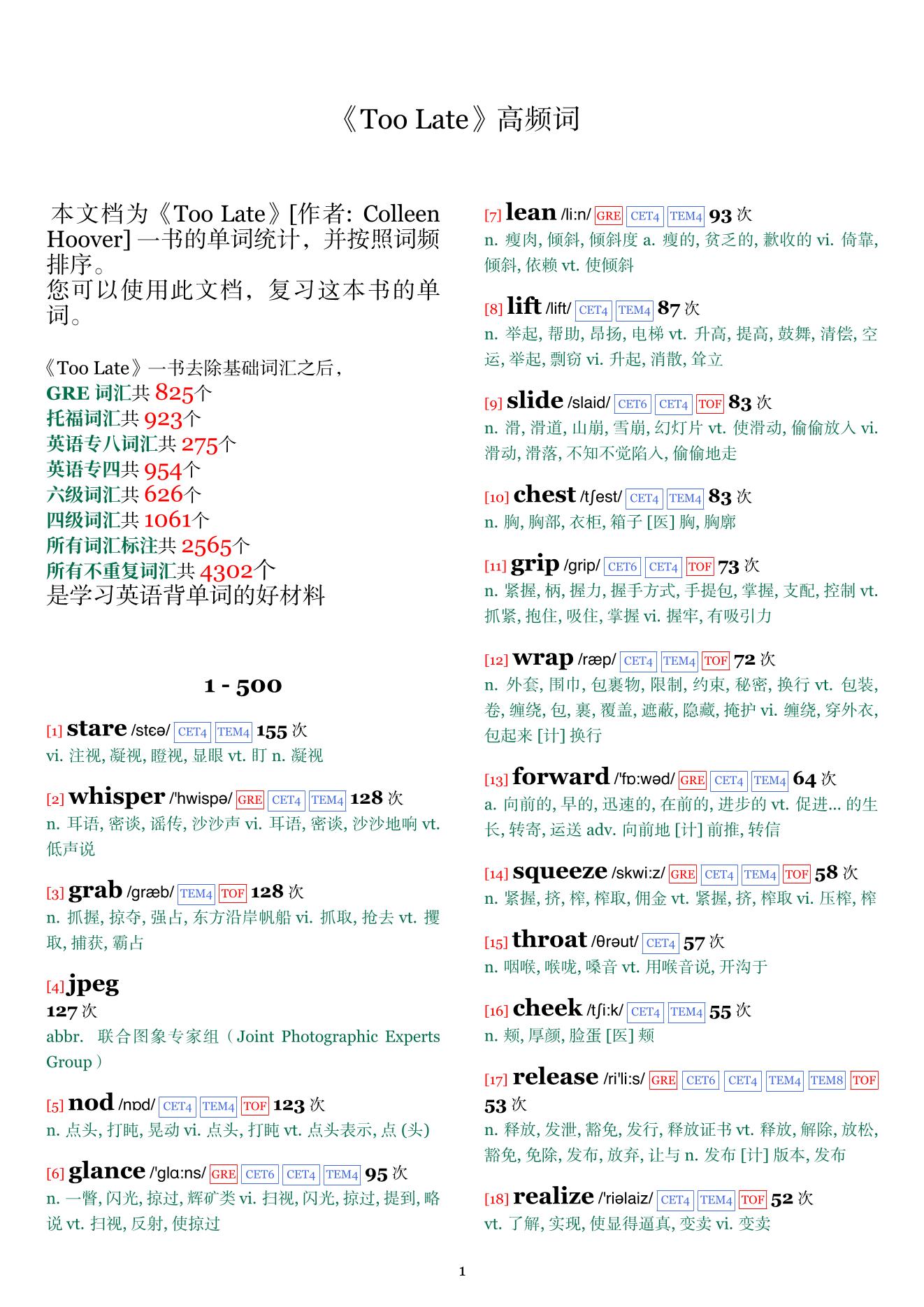 Too Late词频统计