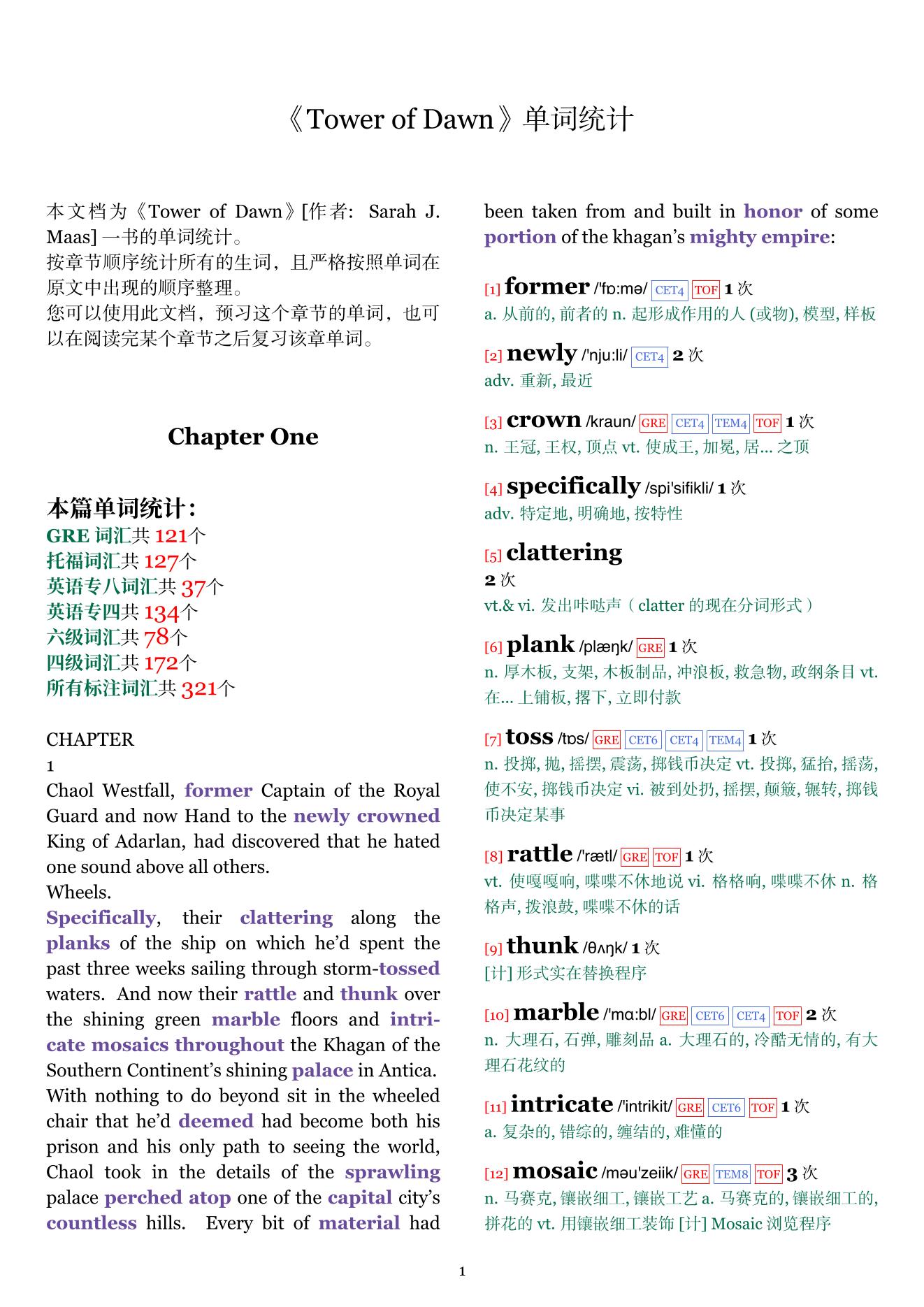Tower of Dawn章节单词统计