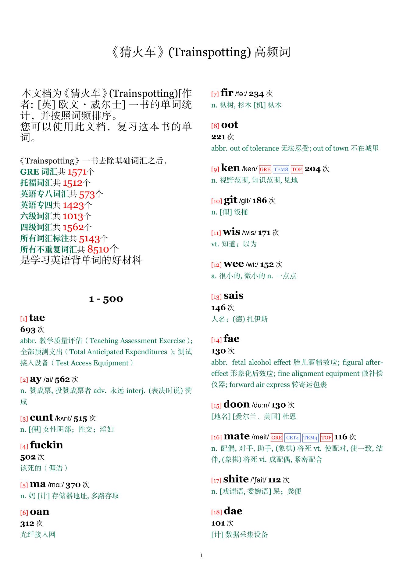 Trainspotting词频统计