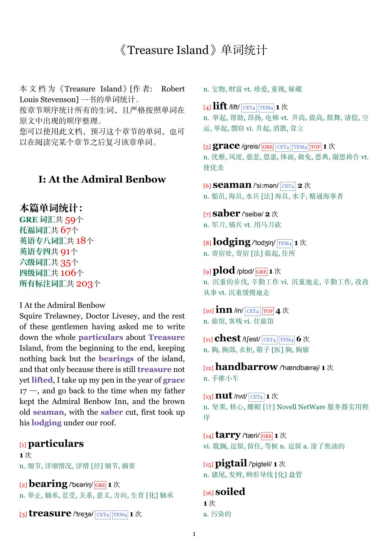 Treasure Island章节单词统计