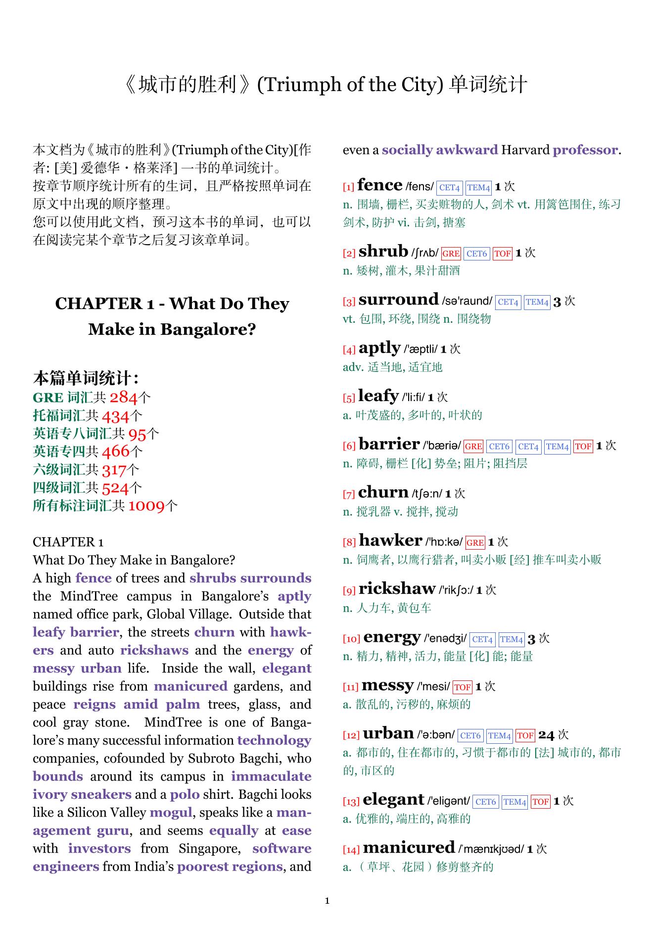 Triumph of the City章节单词统计