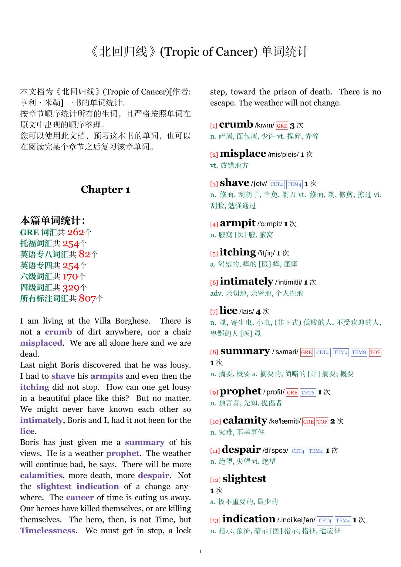 Tropic of Cancer章节单词统计