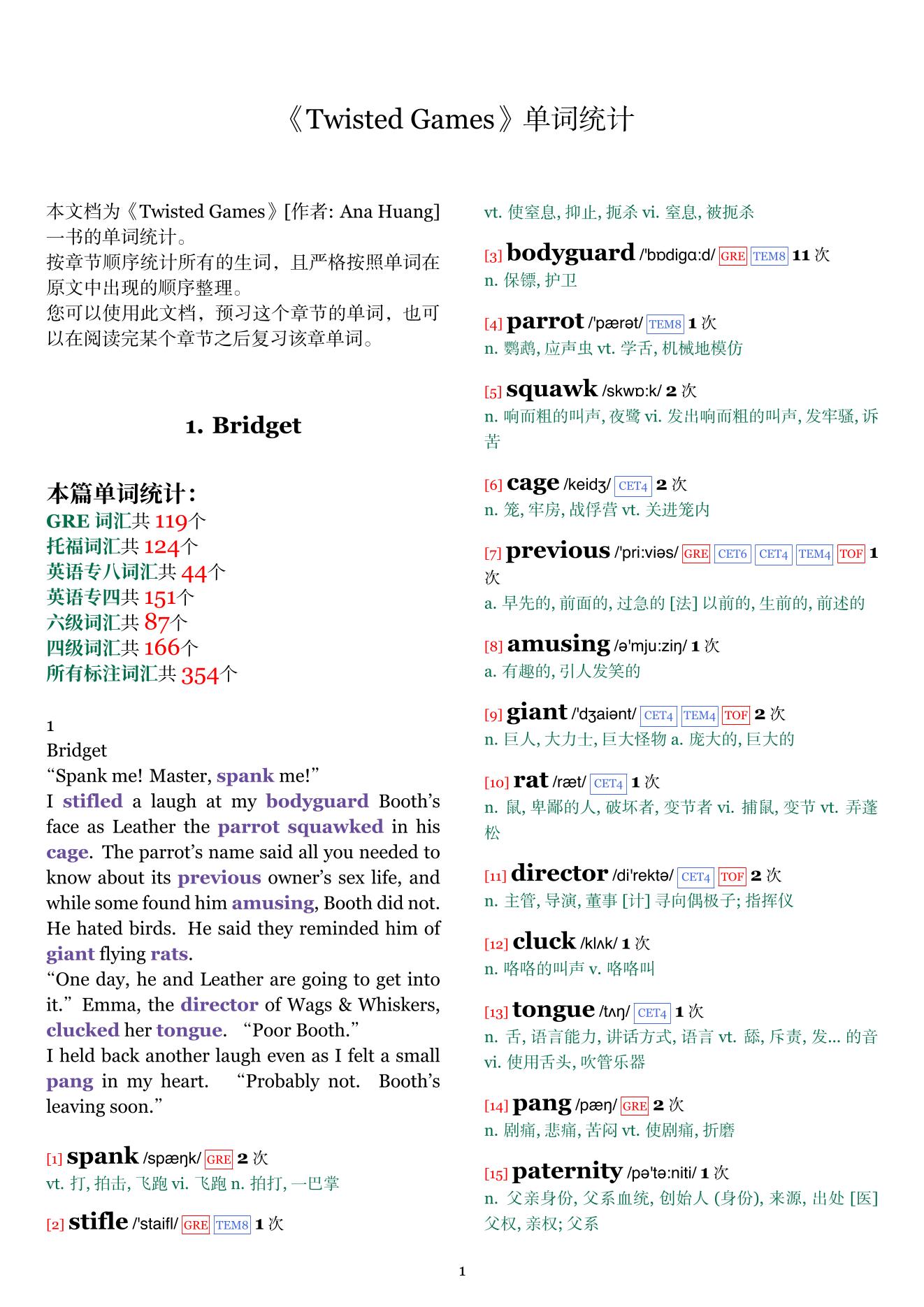 Twisted Games章节单词统计