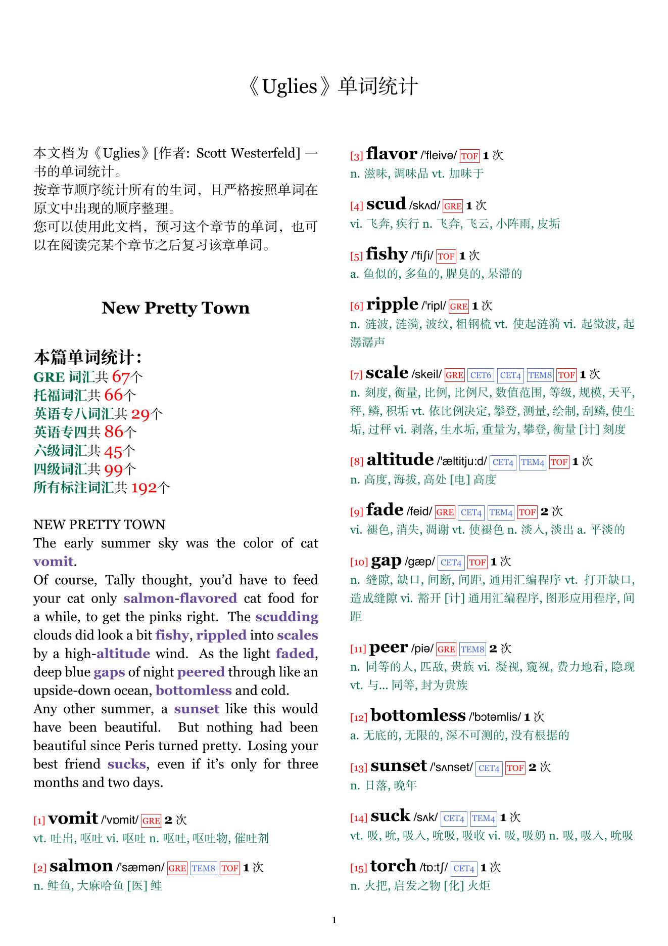 Uglies章节单词统计