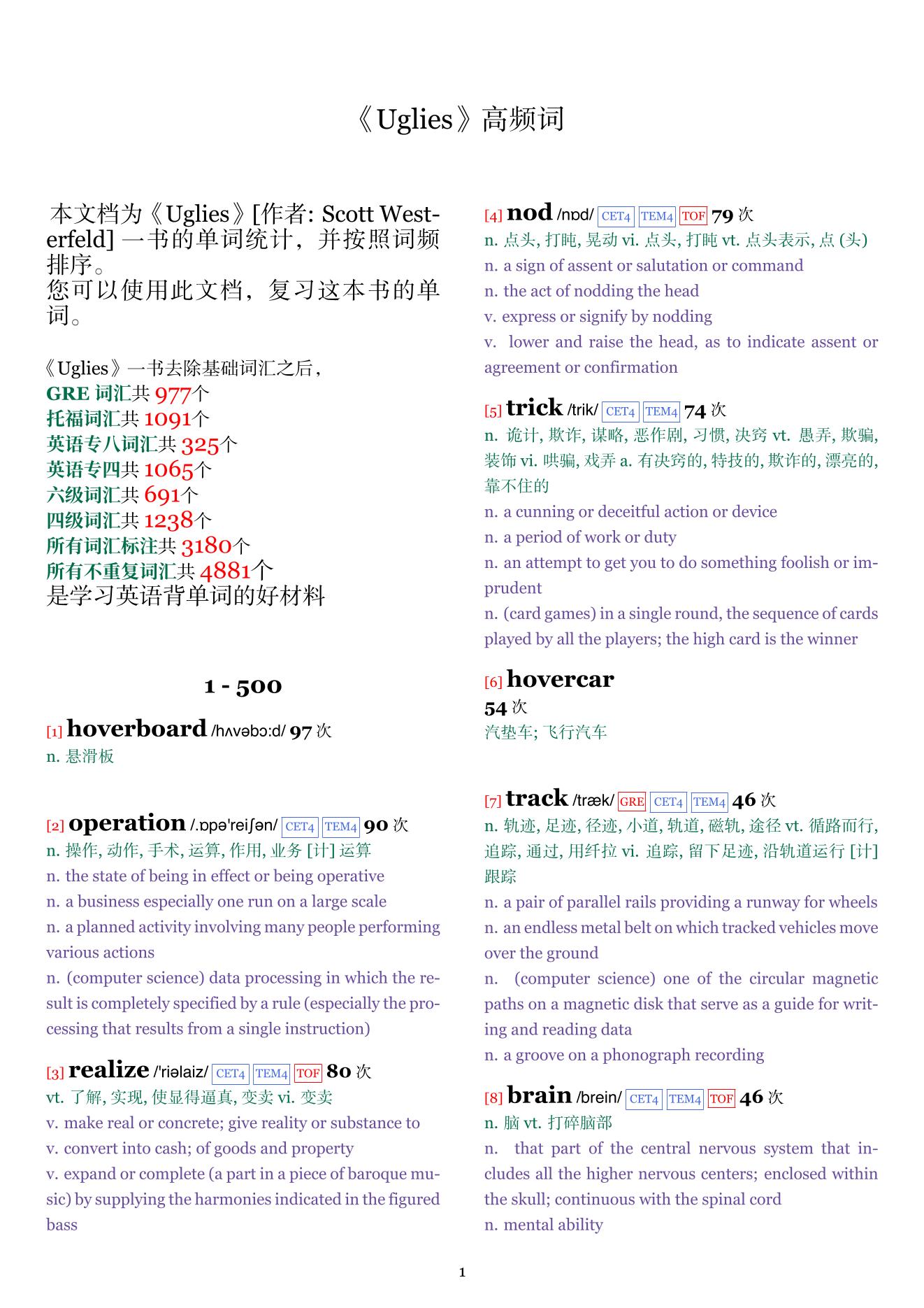 Uglies词频统计