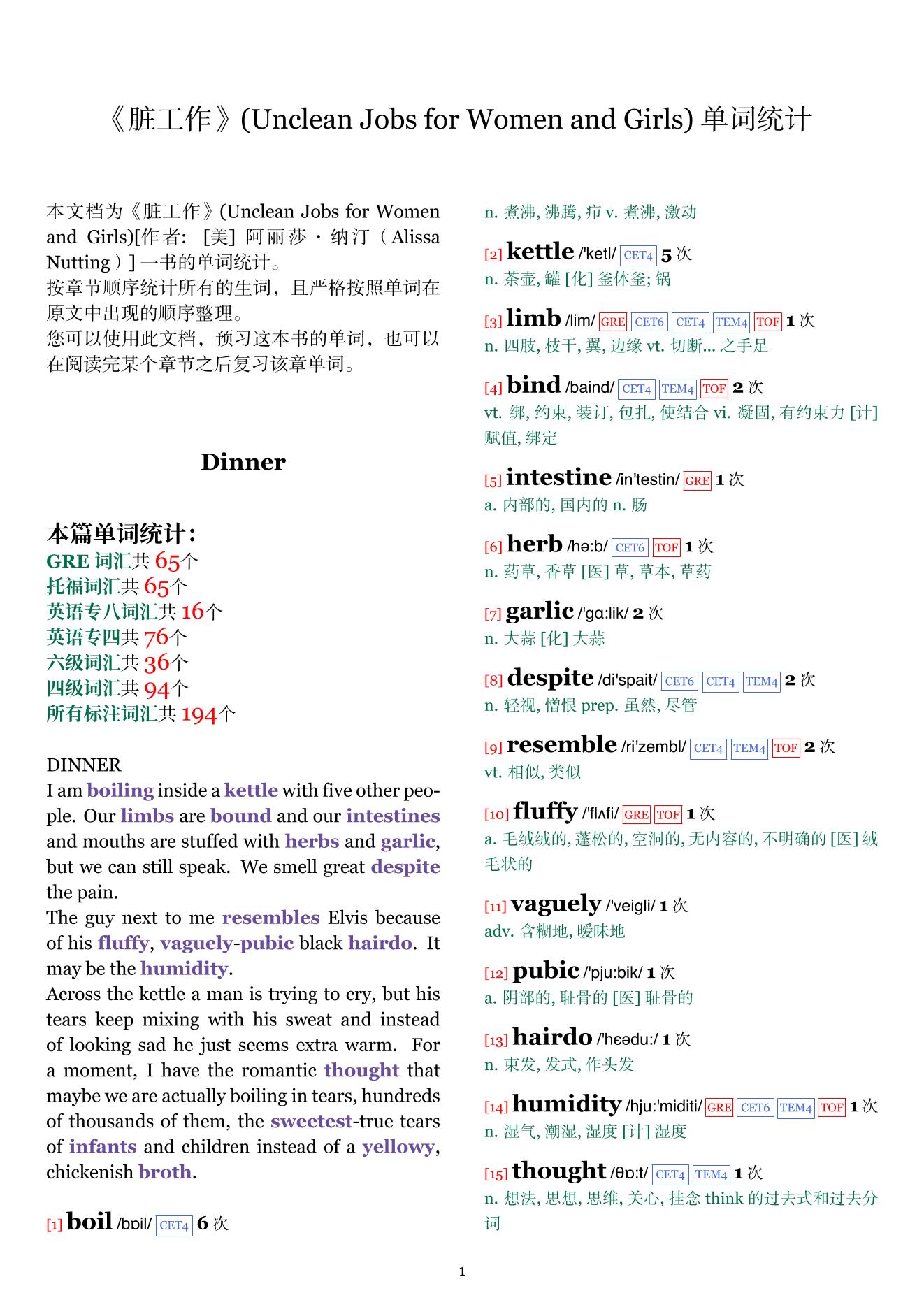 Unclean Jobs for Women and Girls章节单词统计