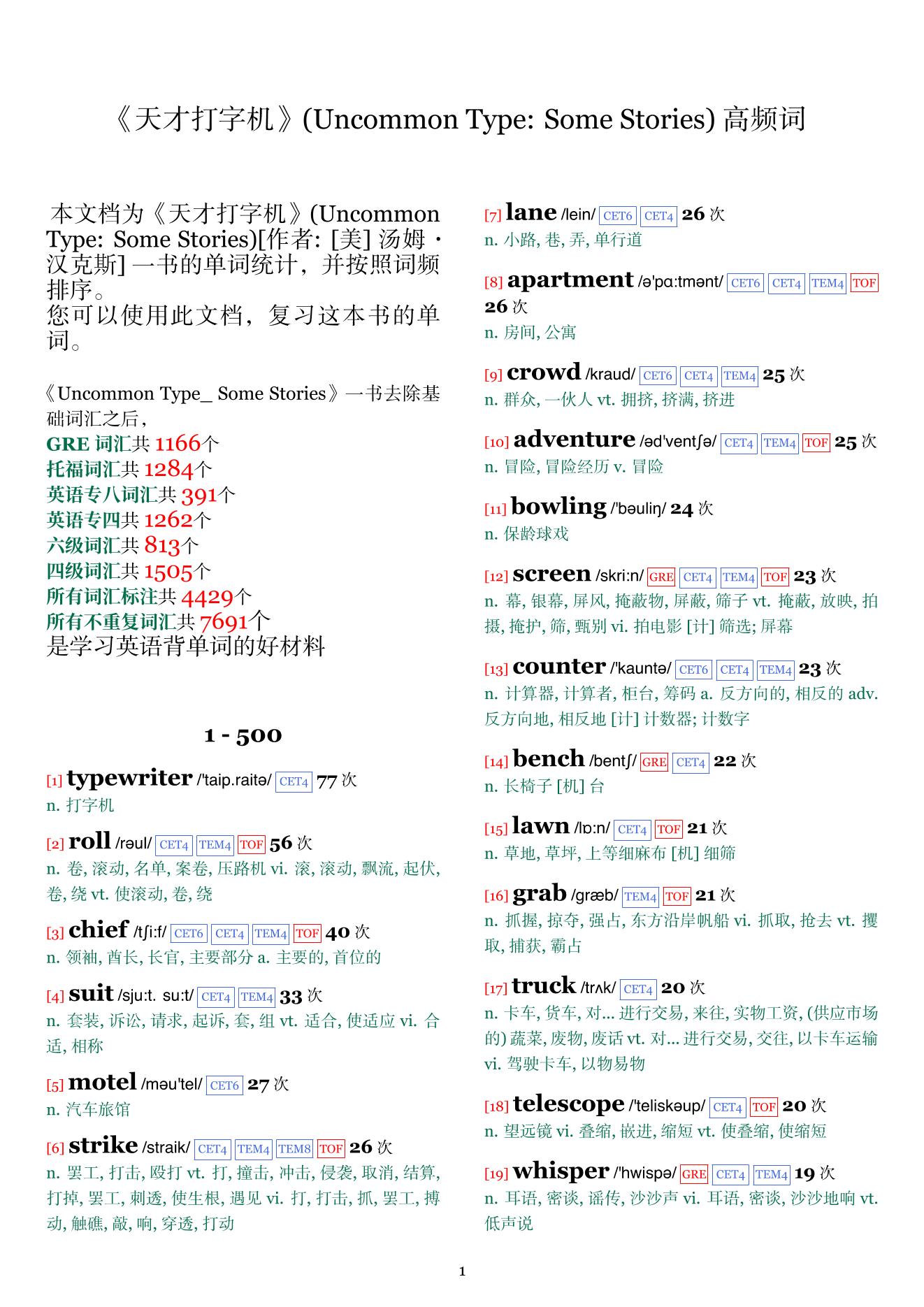 Uncommon Type: Some Stories词频统计