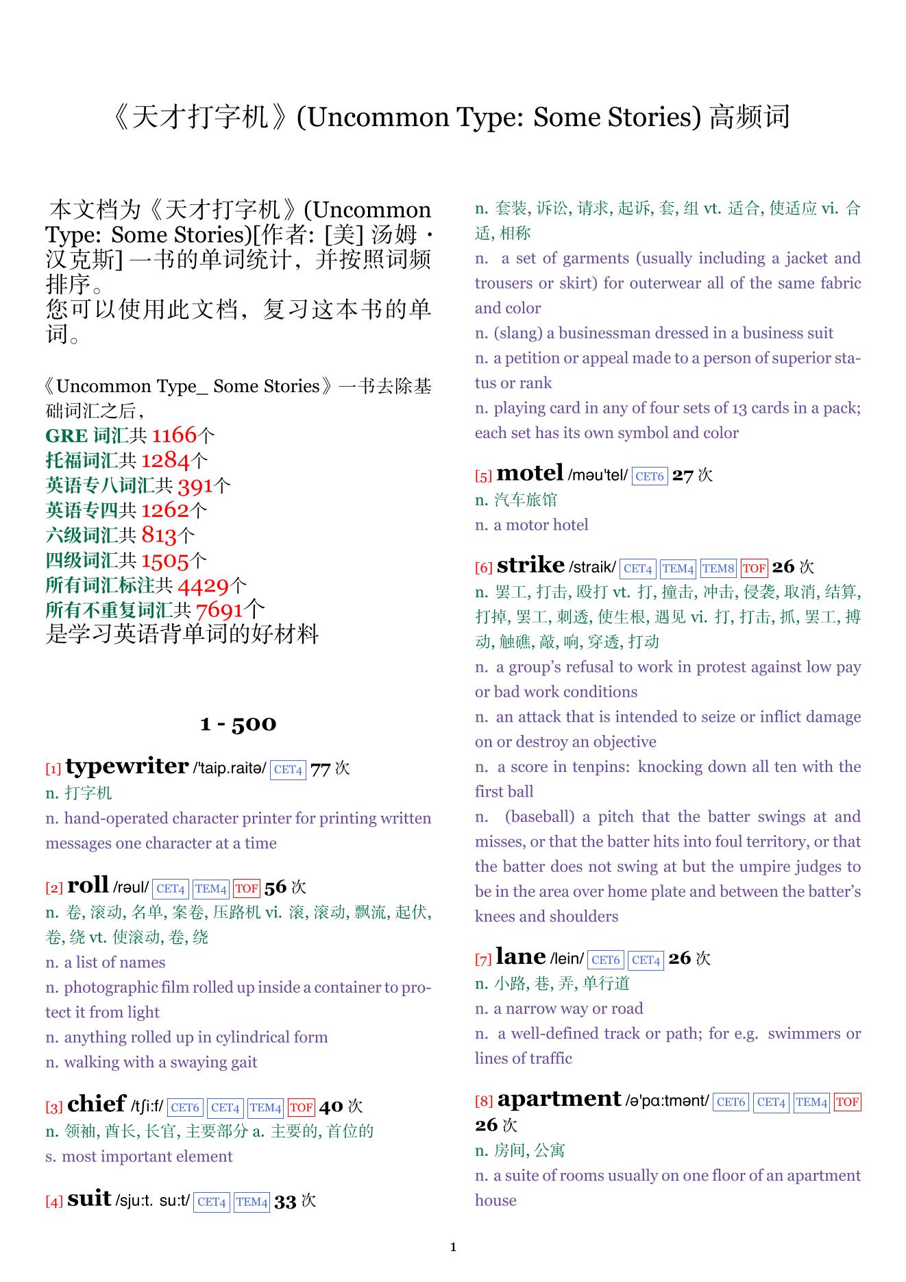 Uncommon Type: Some Stories词频统计