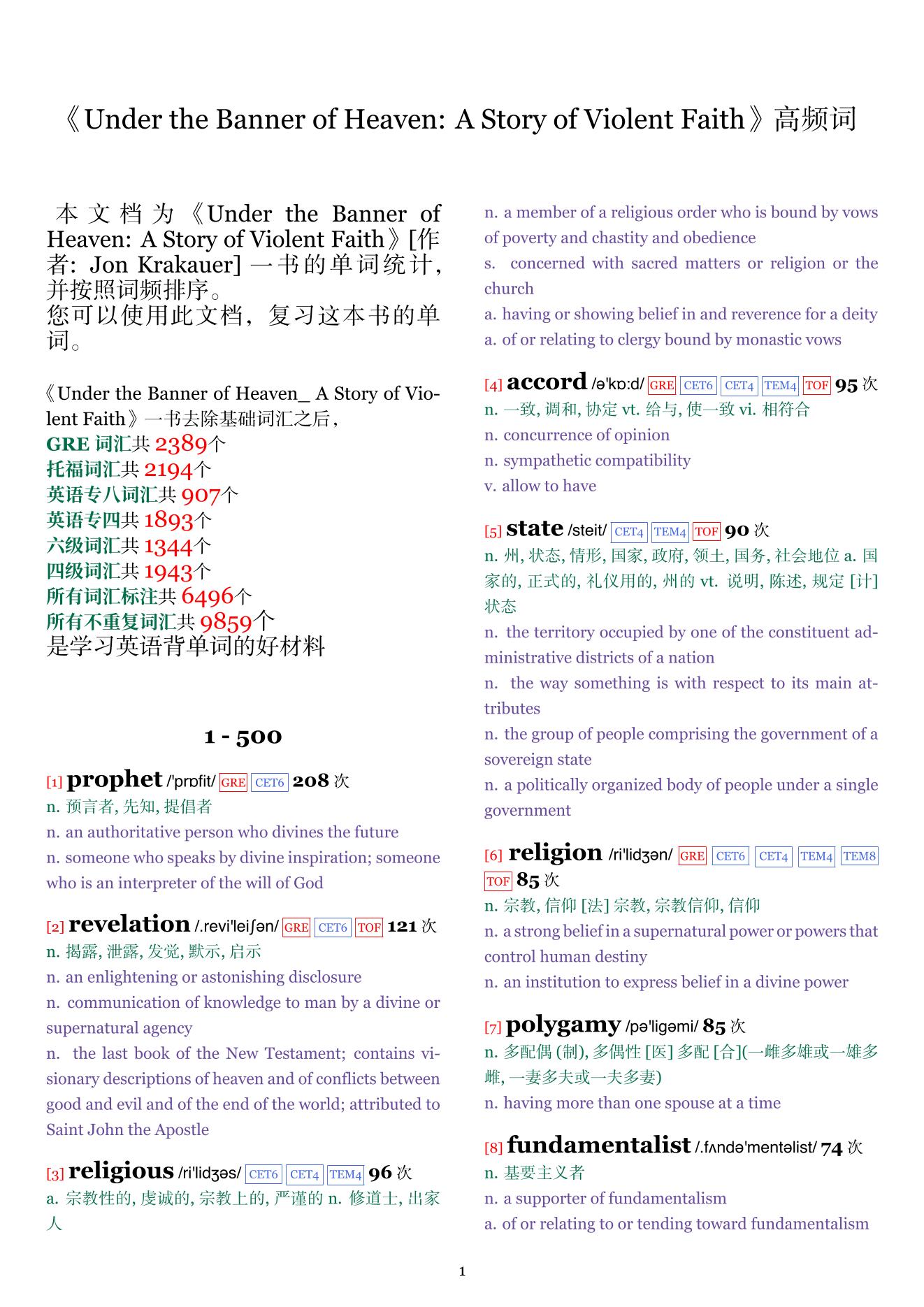 Under the Banner of Heaven: A Story of Violent Faith词频统计