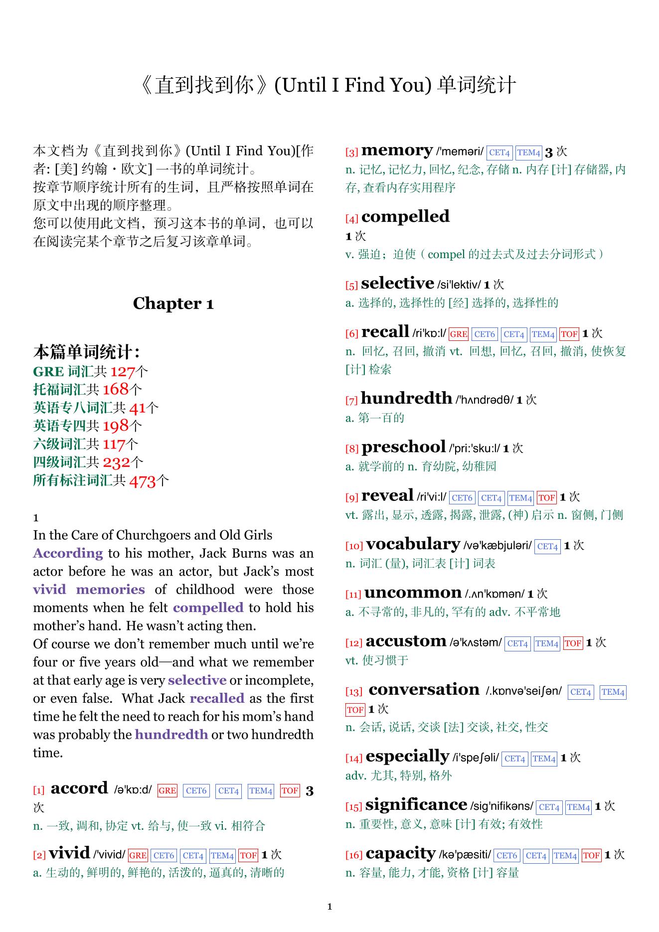 Until I Find You章节单词统计