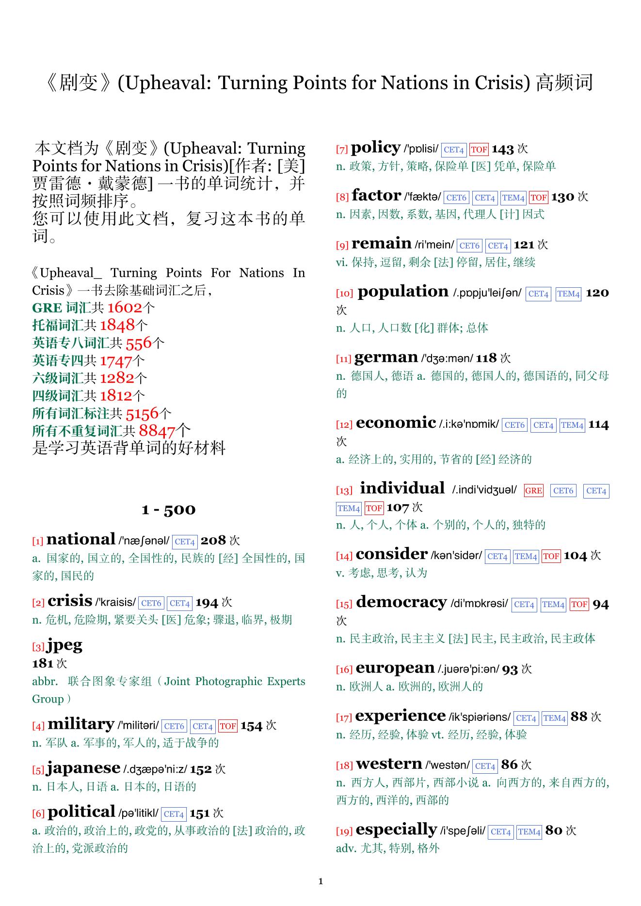 Upheaval: Turning Points for Nations in Crisis词频统计