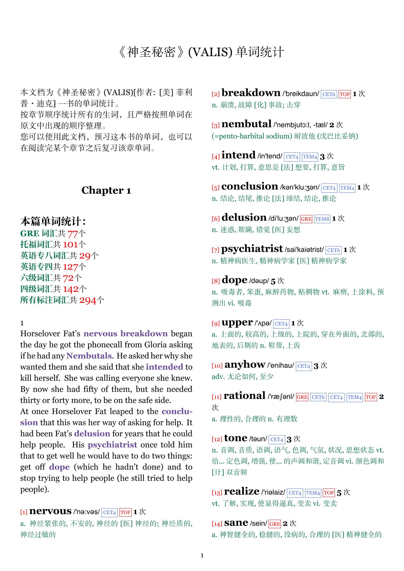 VALIS章节单词统计