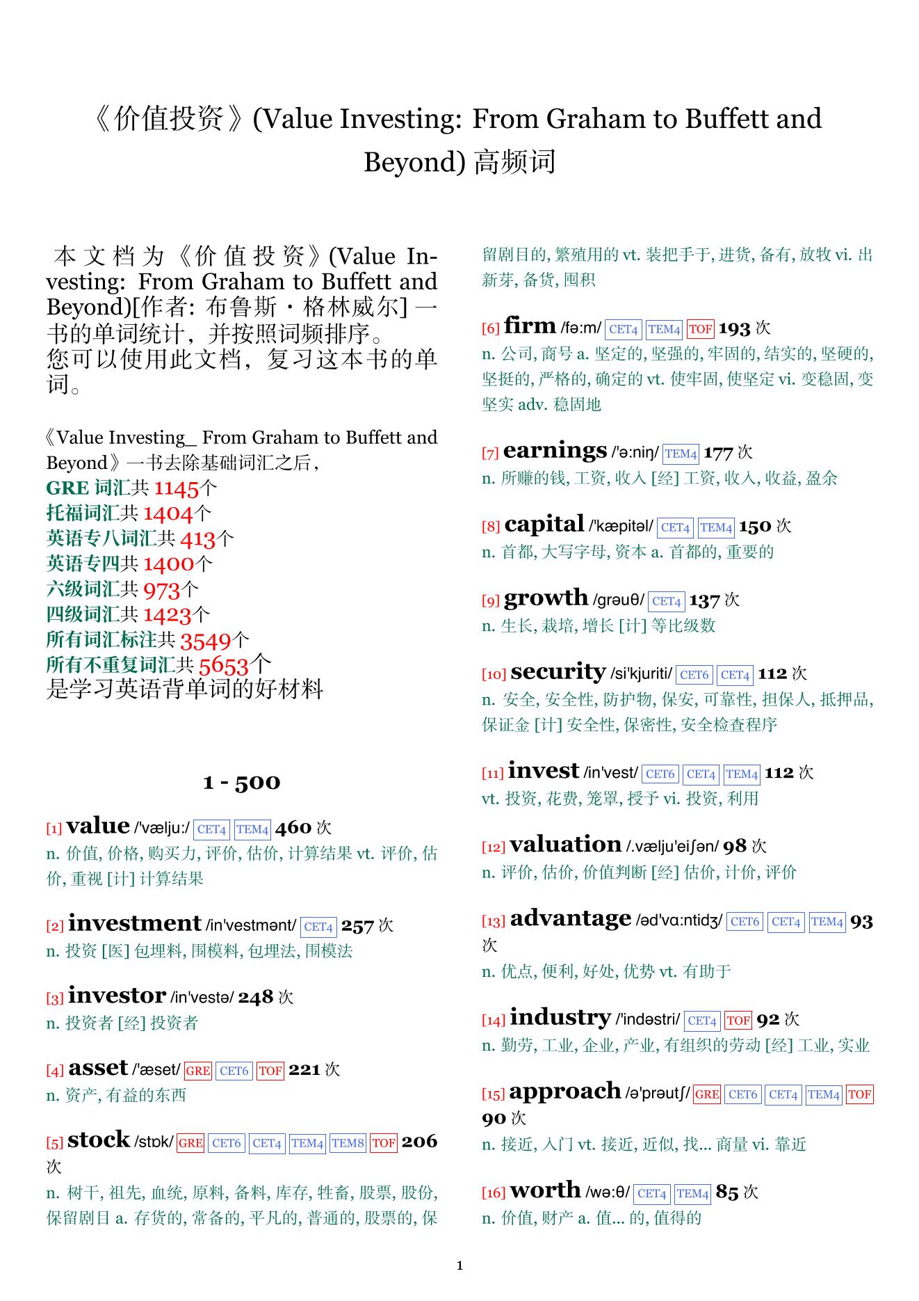 Value Investing: From Graham to Buffett and Beyond词频统计