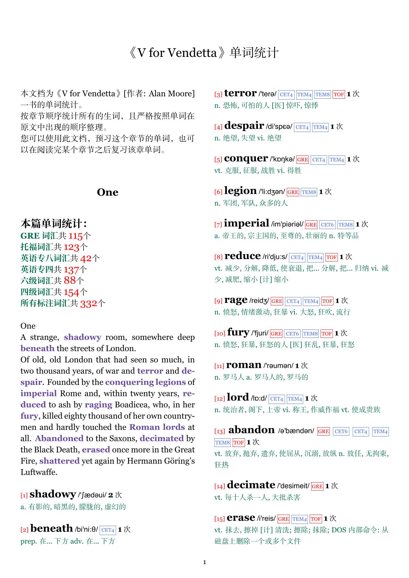 V for Vendetta章节单词统计