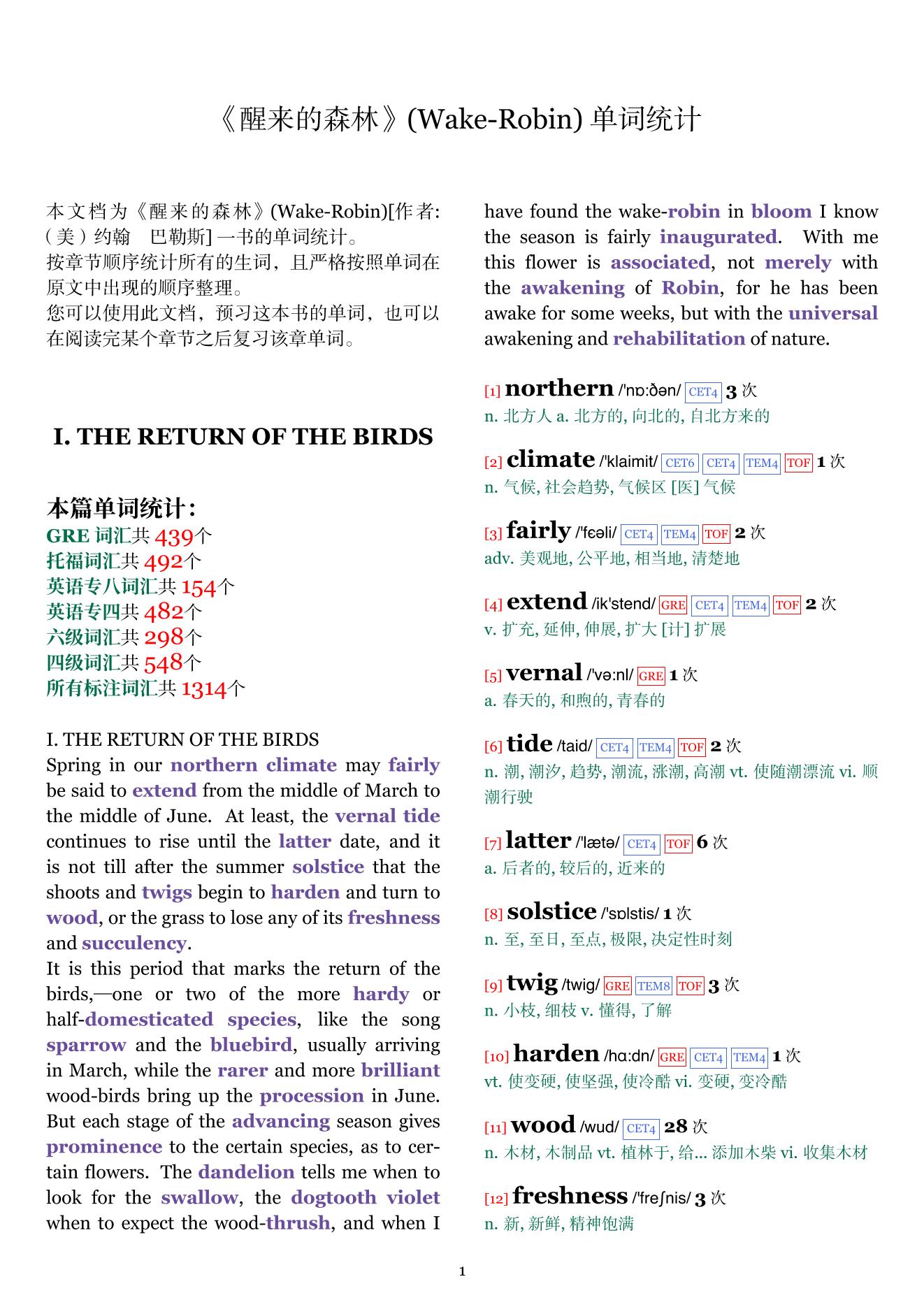 Wake-Robin章节单词统计