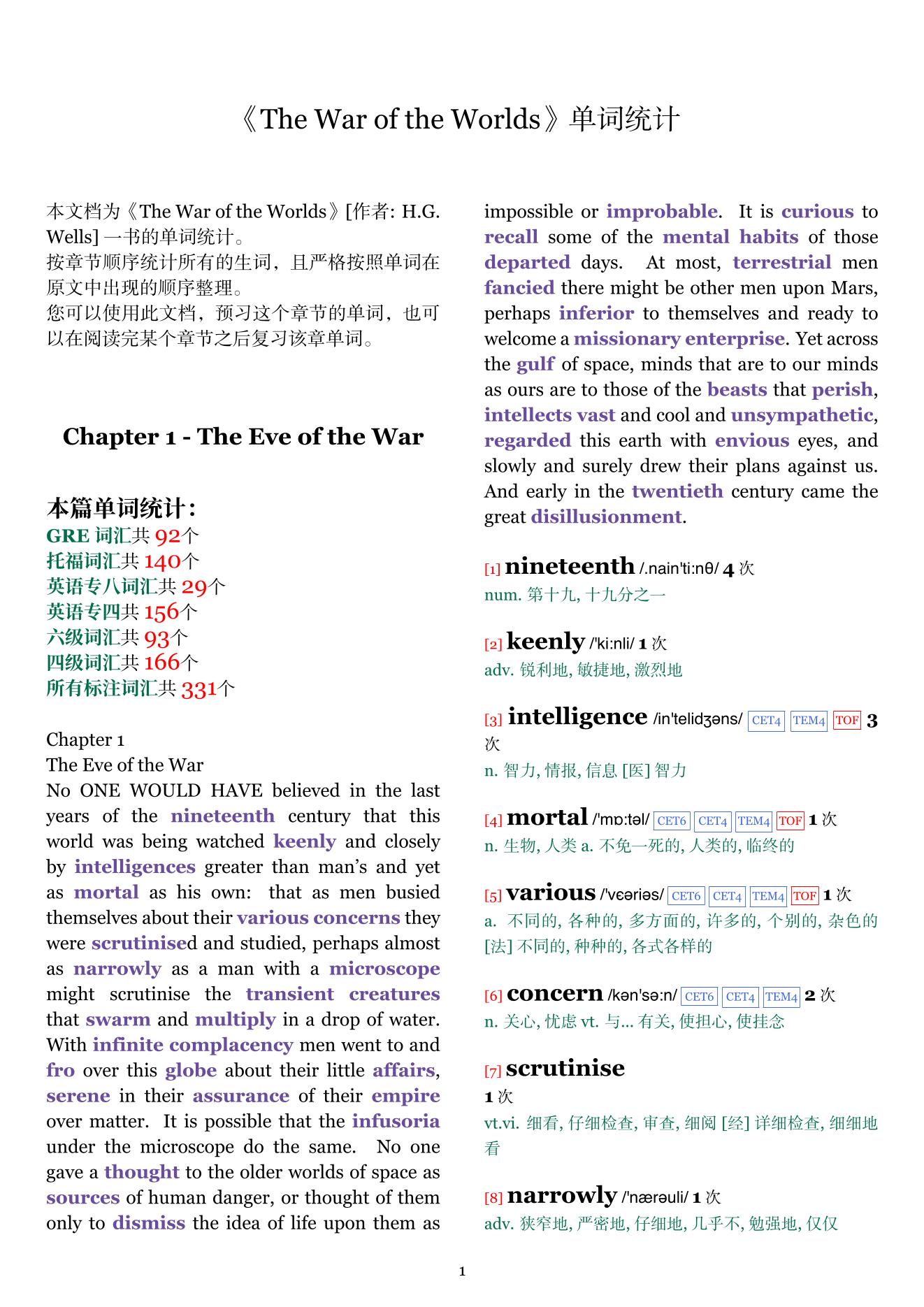 The War of the Worlds章节单词统计