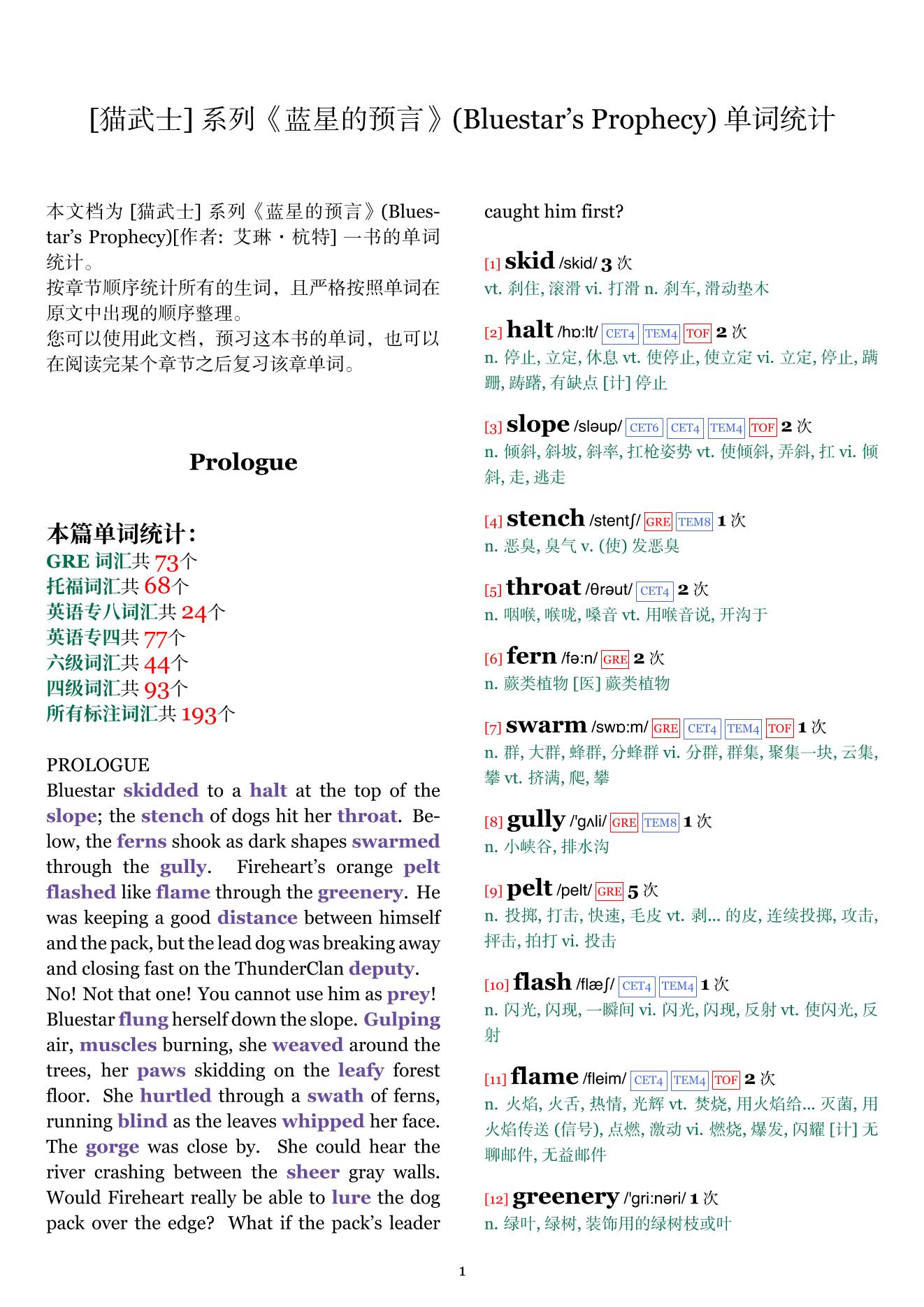Bluestar's Prophecy章节单词统计
