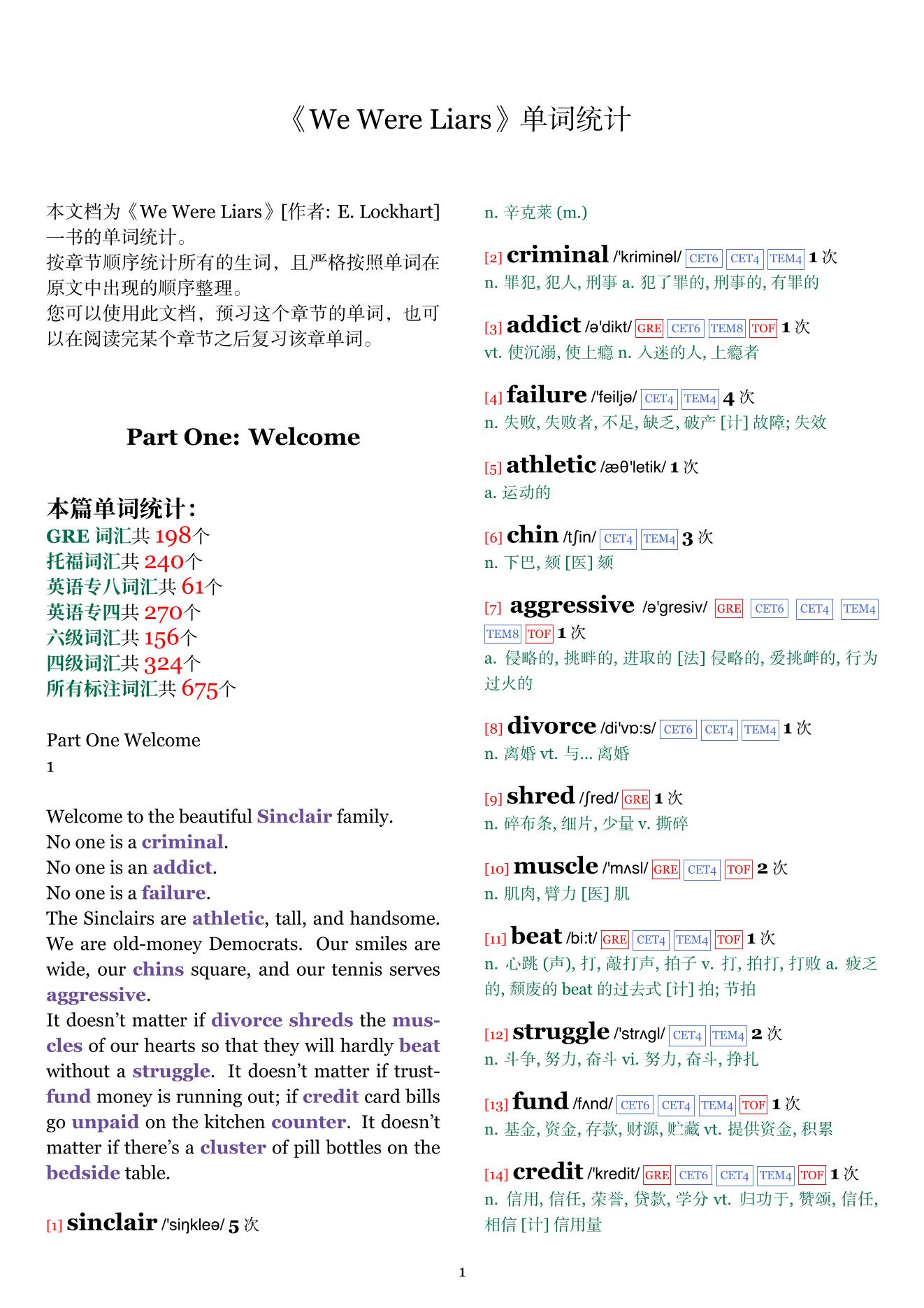 We Were Liars章节单词统计
