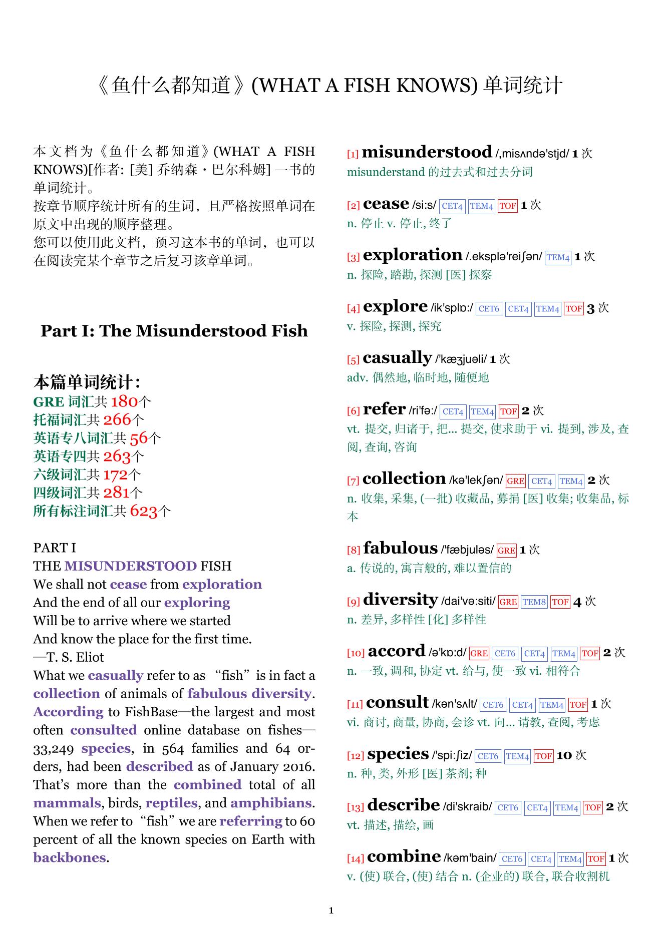 WHAT A FISH KNOWS章节单词统计