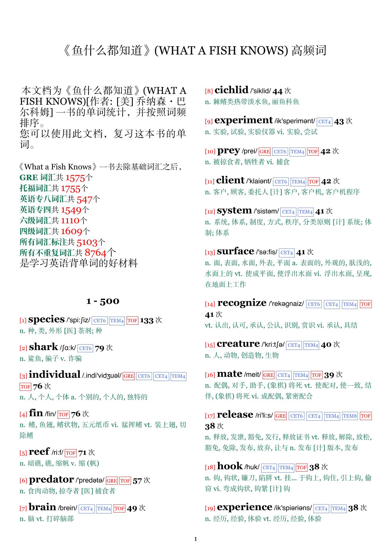 WHAT A FISH KNOWS词频统计