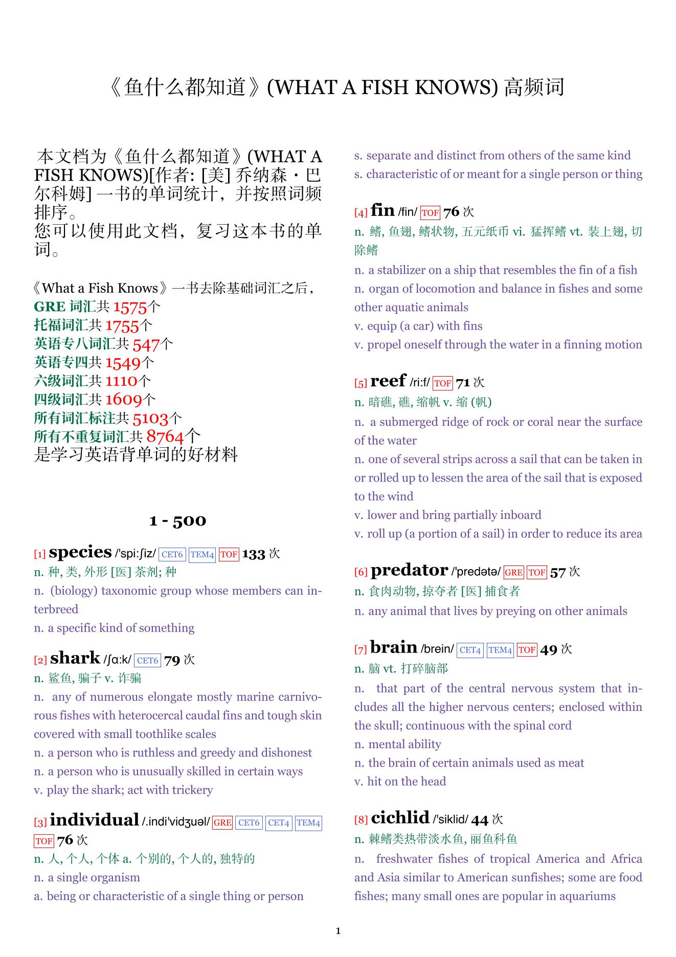 WHAT A FISH KNOWS词频统计