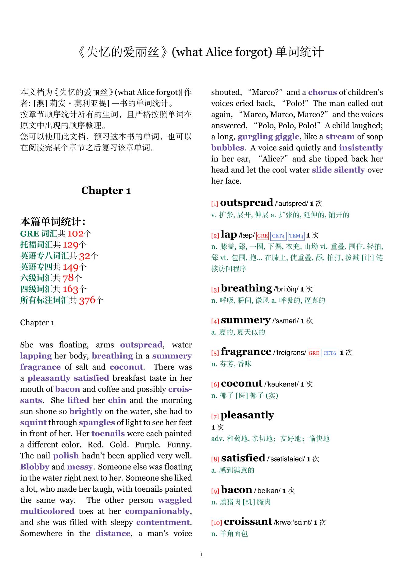 what Alice forgot章节单词统计