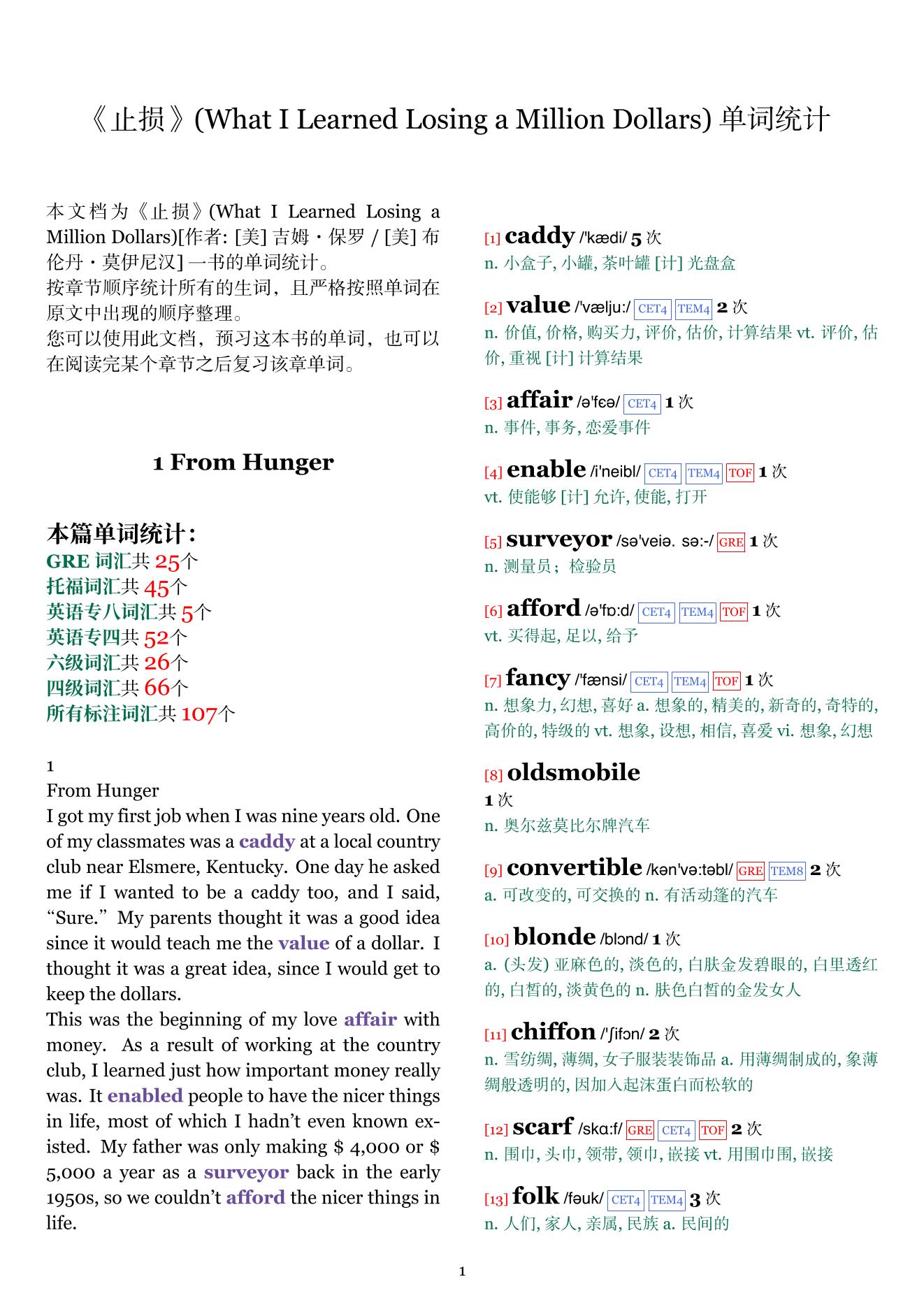 What I Learned Losing a Million Dollars章节单词统计