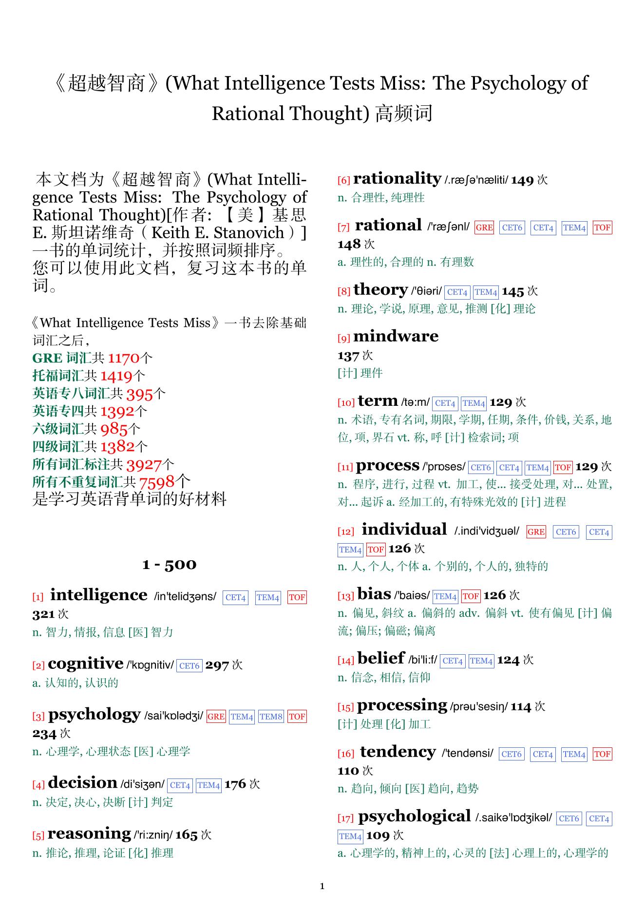 What Intelligence Tests Miss: The Psychology of Rational Thought词频统计