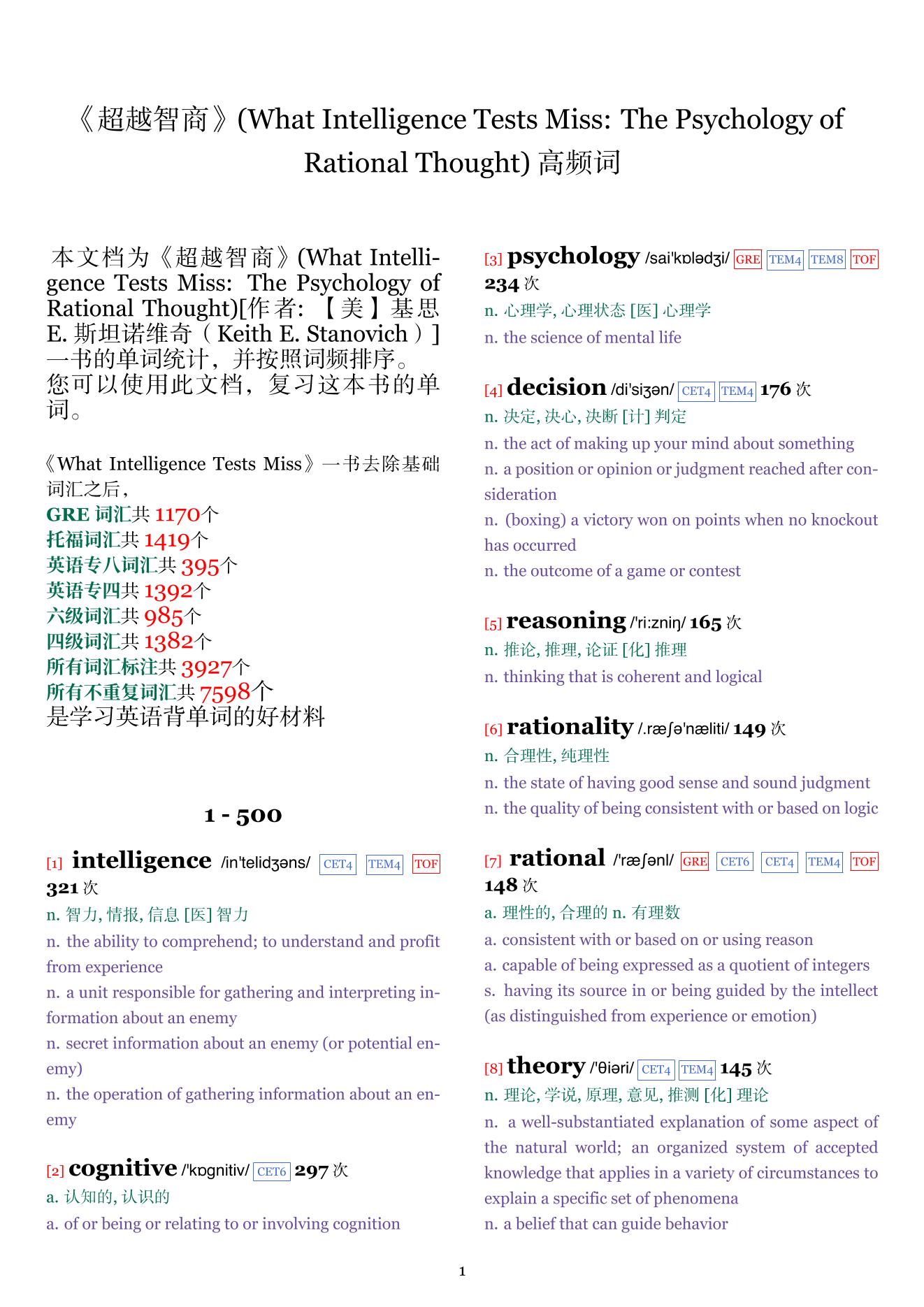 What Intelligence Tests Miss: The Psychology of Rational Thought词频统计