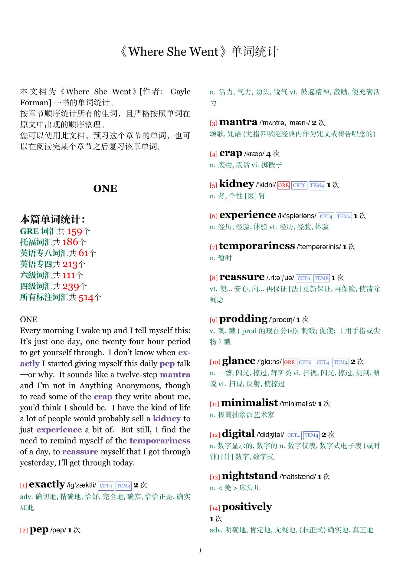 Where She Went章节单词统计