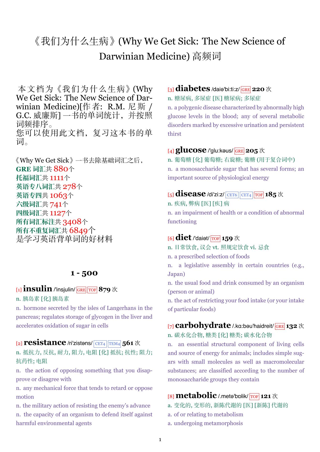 Why We Get Sick: The New Science of Darwinian Medicine词频统计