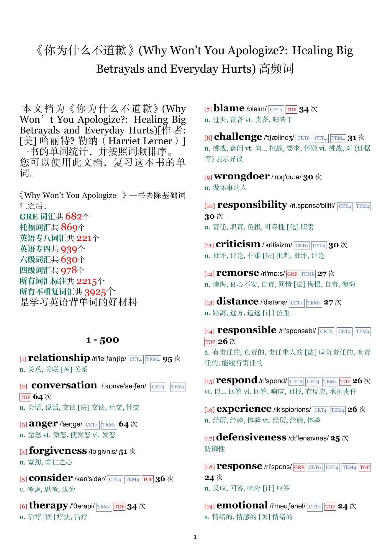 Why Won’t You Apologize?: Healing Big Betrayals and Everyday Hurts词频统计