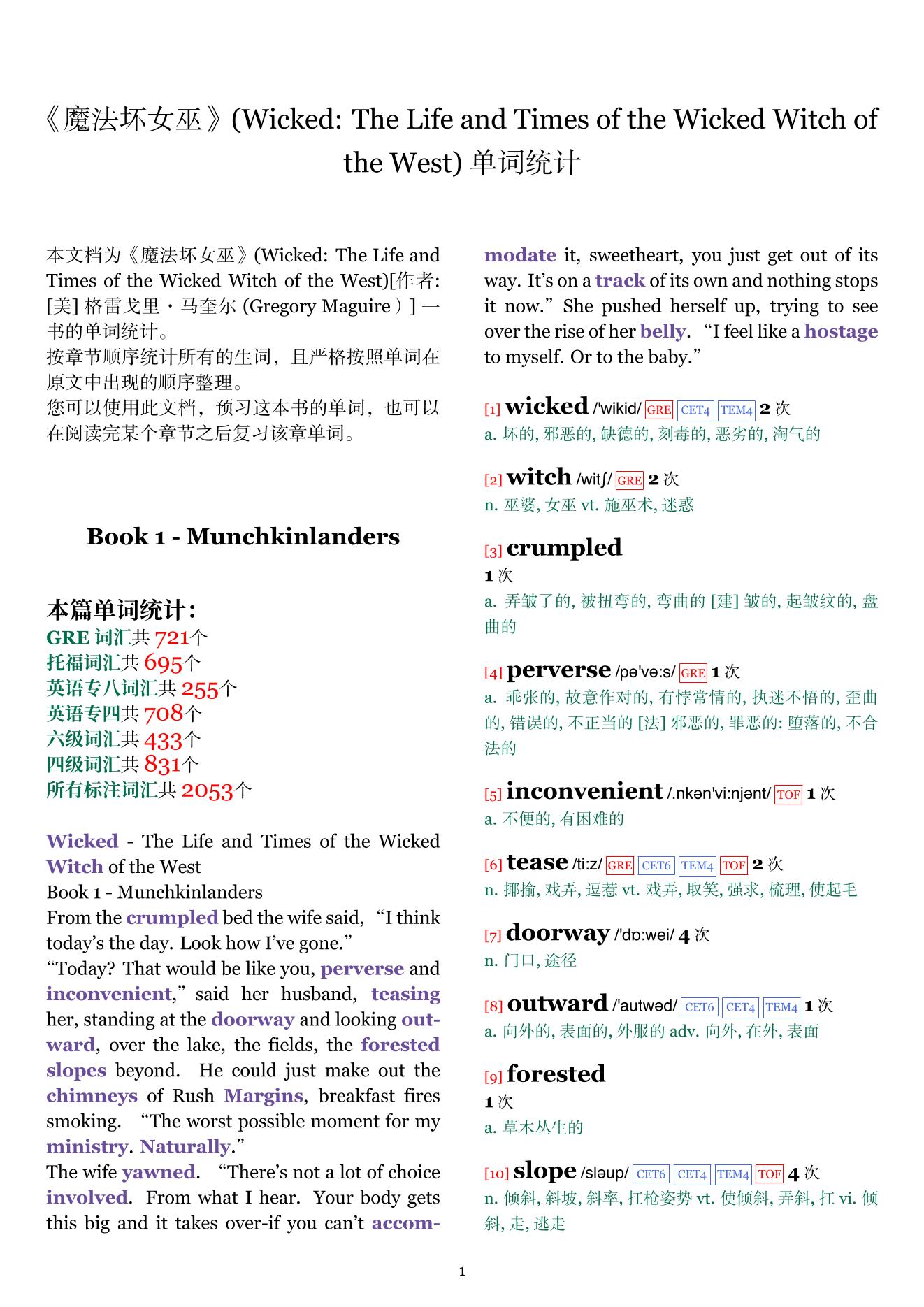 Wicked: The Life and Times of the Wicked Witch of the West章节单词统计