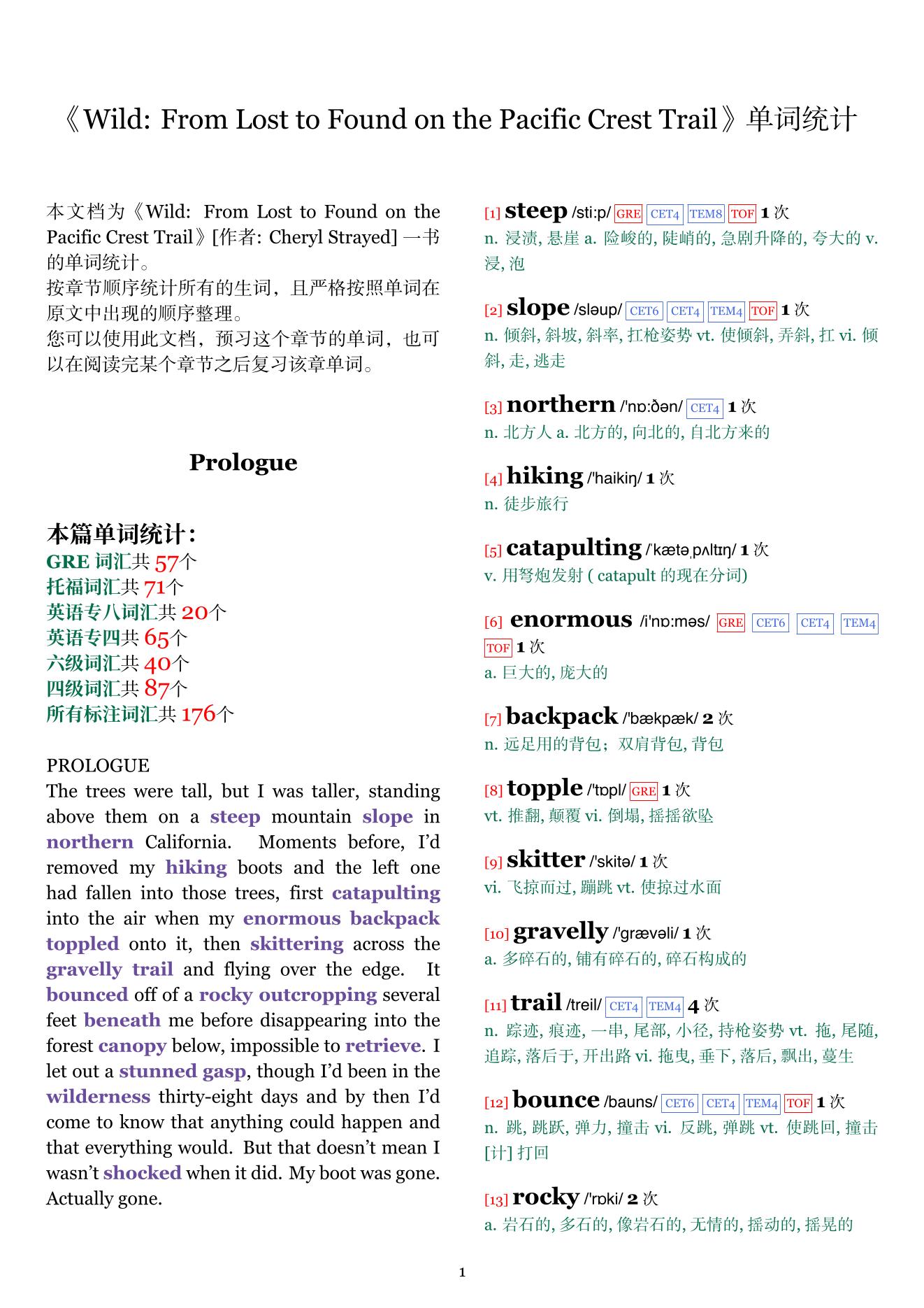 Wild: From Lost to Found on the Pacific Crest Trail章节单词统计