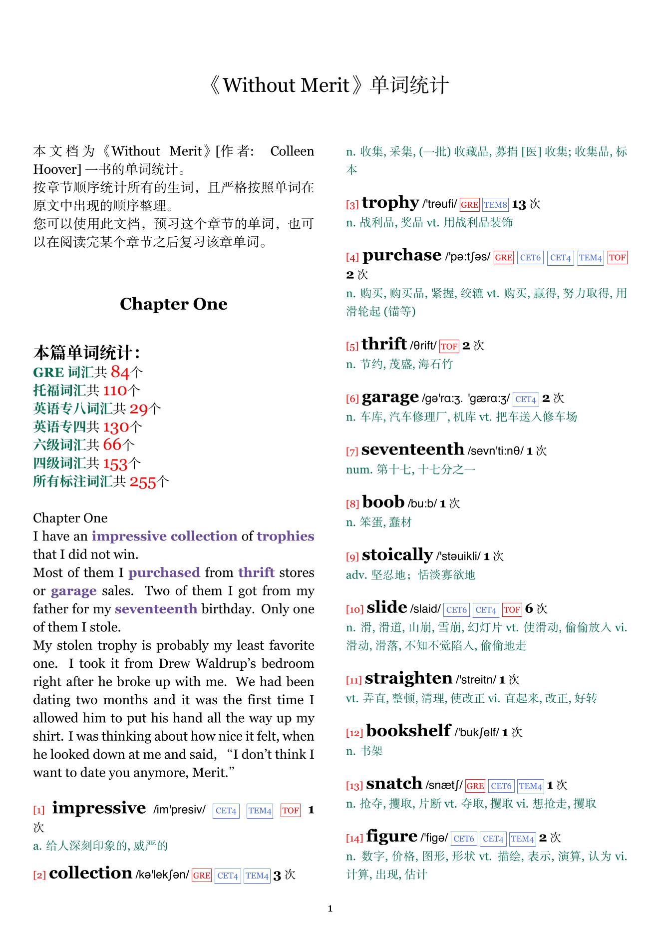 Without Merit章节单词统计