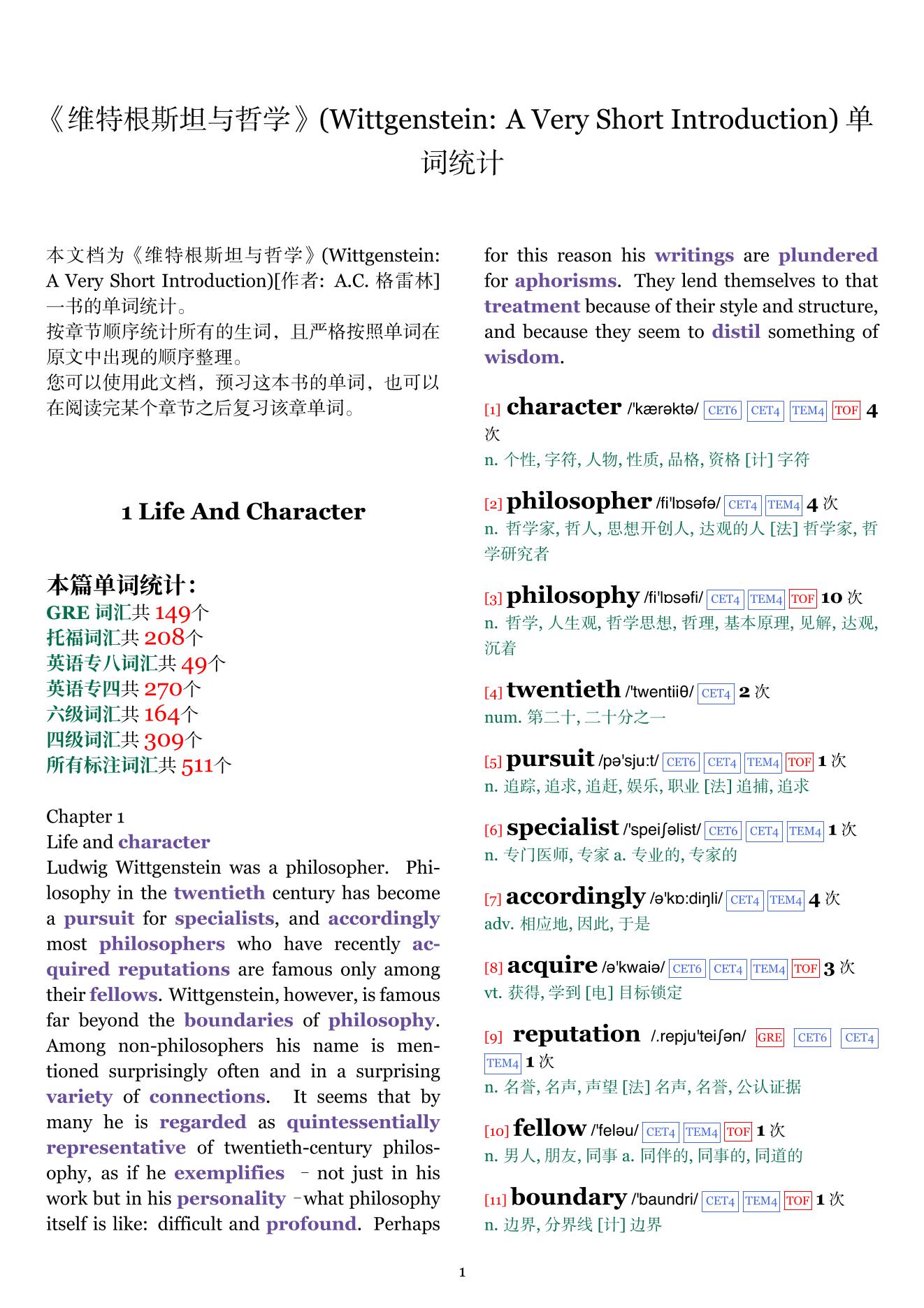 Wittgenstein: A Very Short Introduction章节单词统计