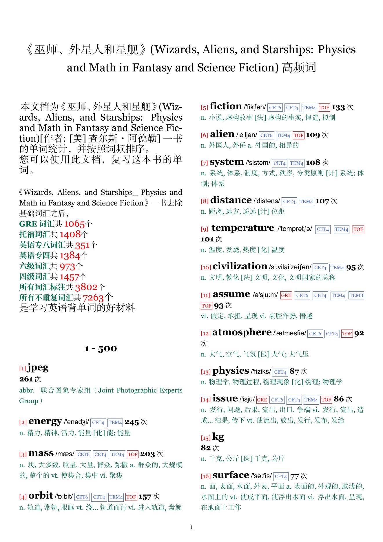 Wizards, Aliens, and Starships: Physics and Math in Fantasy and Science Fiction词频统计