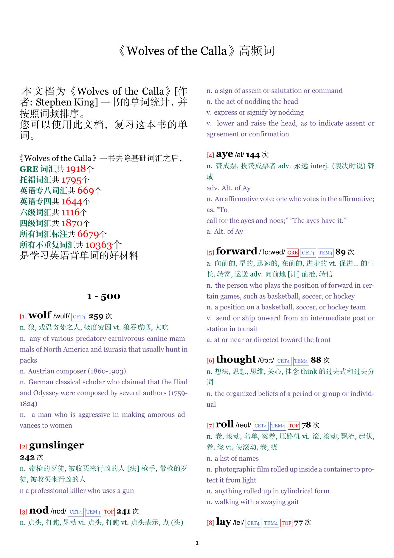 Wolves of the Calla词频统计