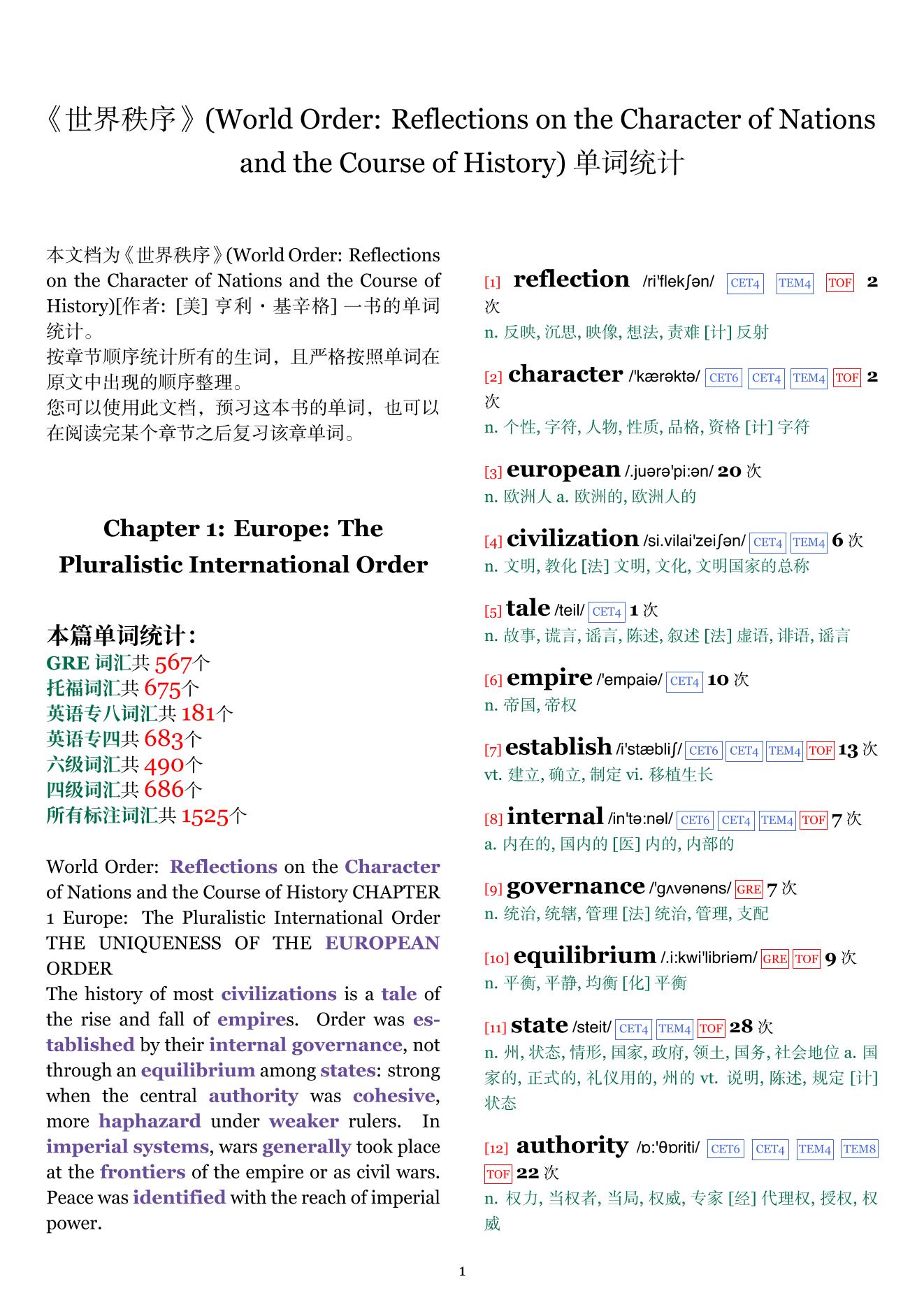 World Order: Reflections on the Character of Nations and the Course of History章节单词统计