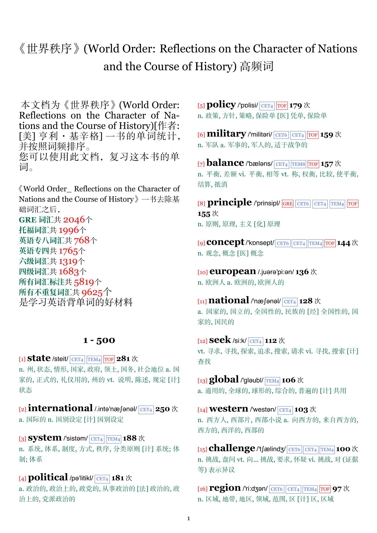 World Order: Reflections on the Character of Nations and the Course of History词频统计