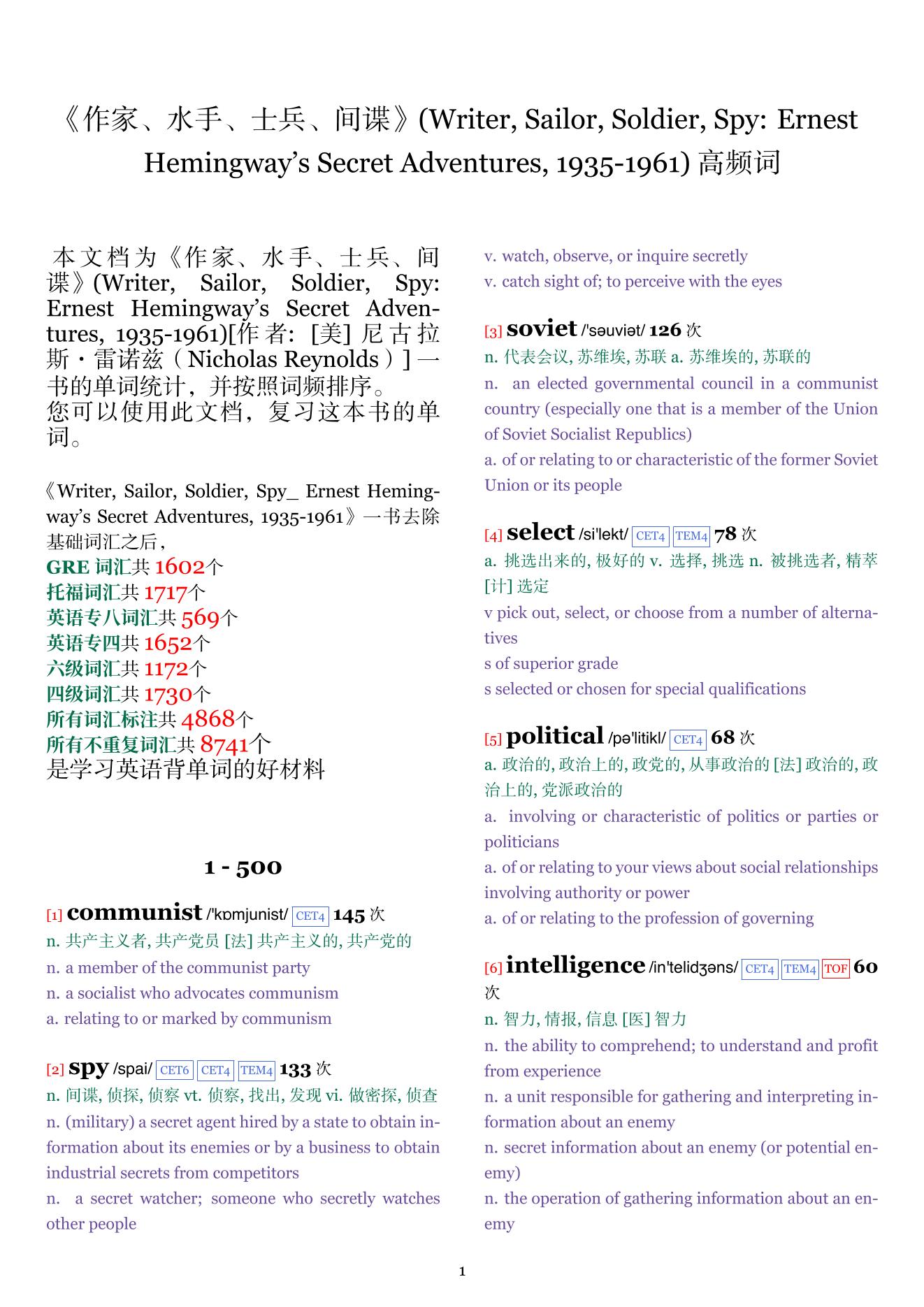 Writer, Sailor, Soldier, Spy: Ernest Hemingway's Secret Adventures, 1935-1961词频统计
