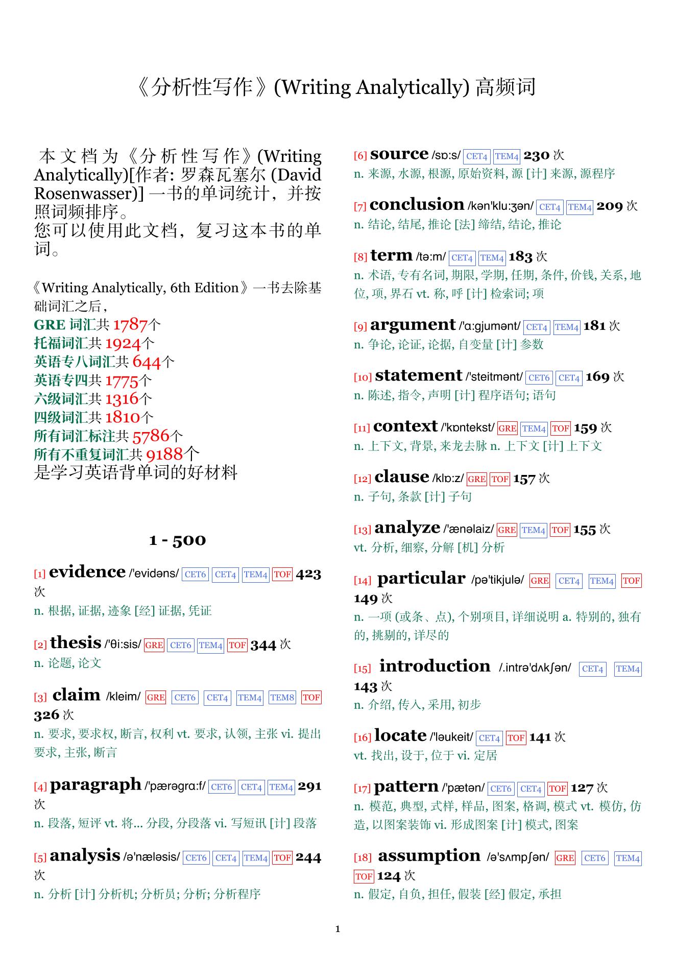 Writing Analytically词频统计