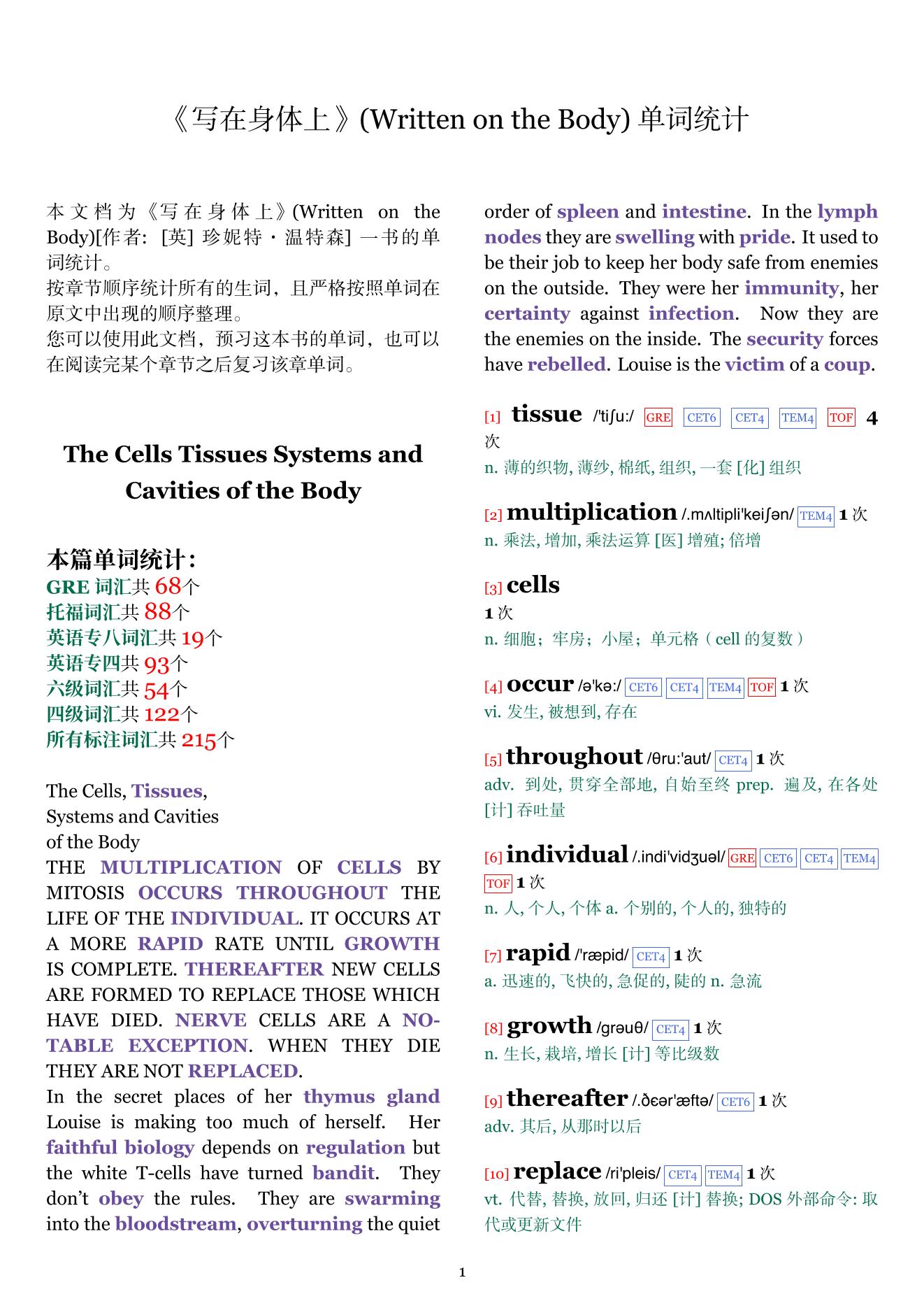 Written on the Body章节单词统计