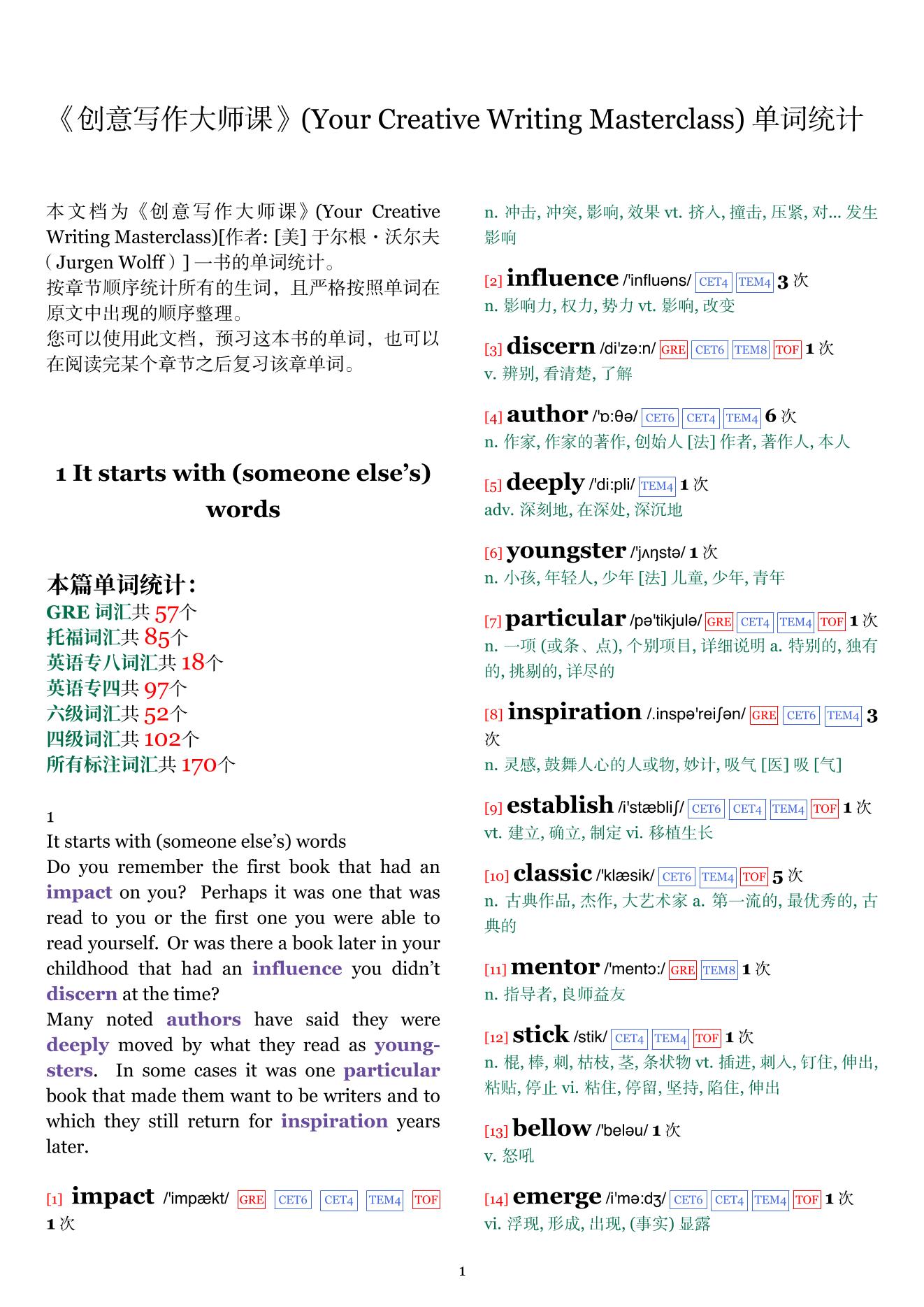 Your Creative Writing Masterclass章节单词统计