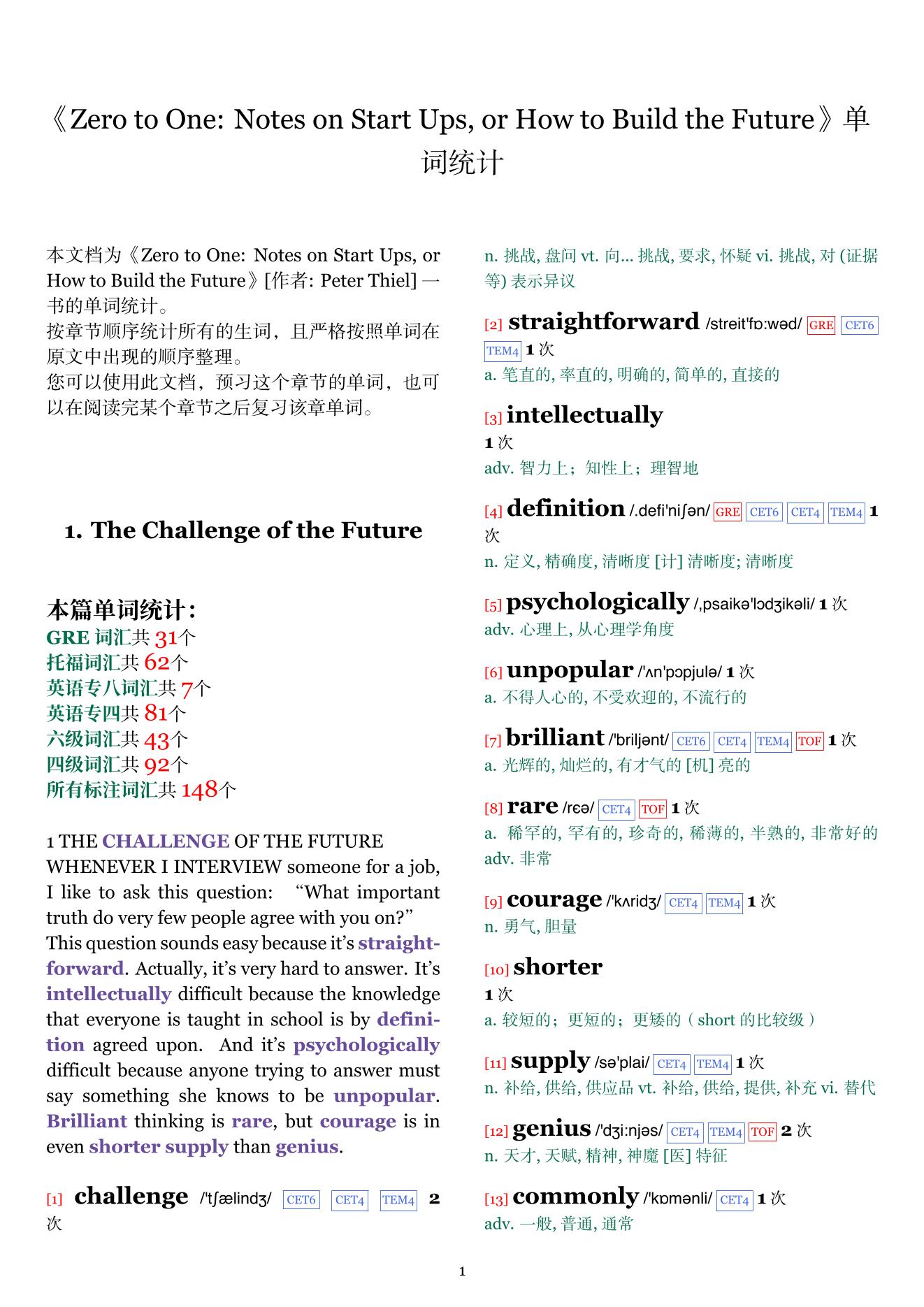 Zero to One: Notes on Start Ups, or How to Build the Future章节单词统计